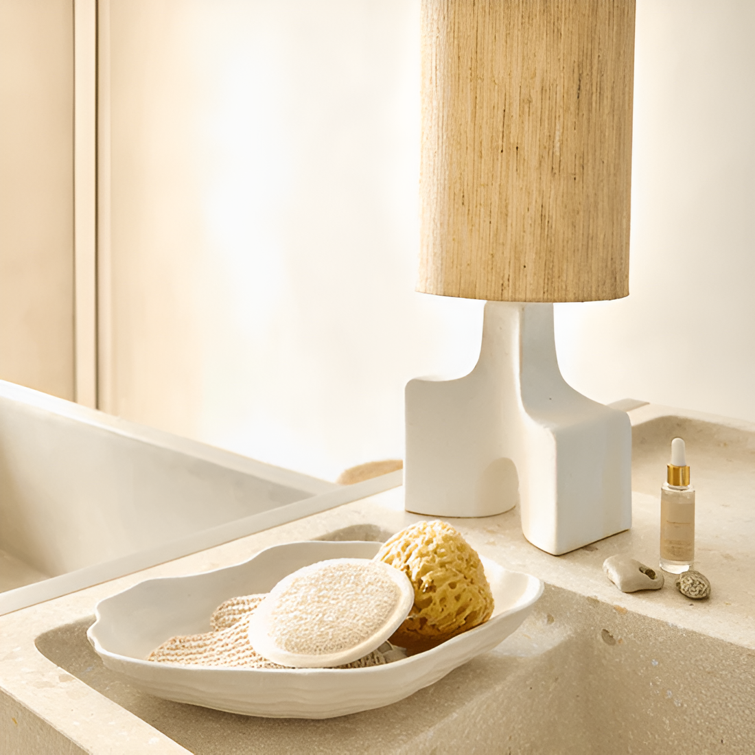 Lampa stołowa HIKARI ceramiczna podstawa z piaskowym abażurem