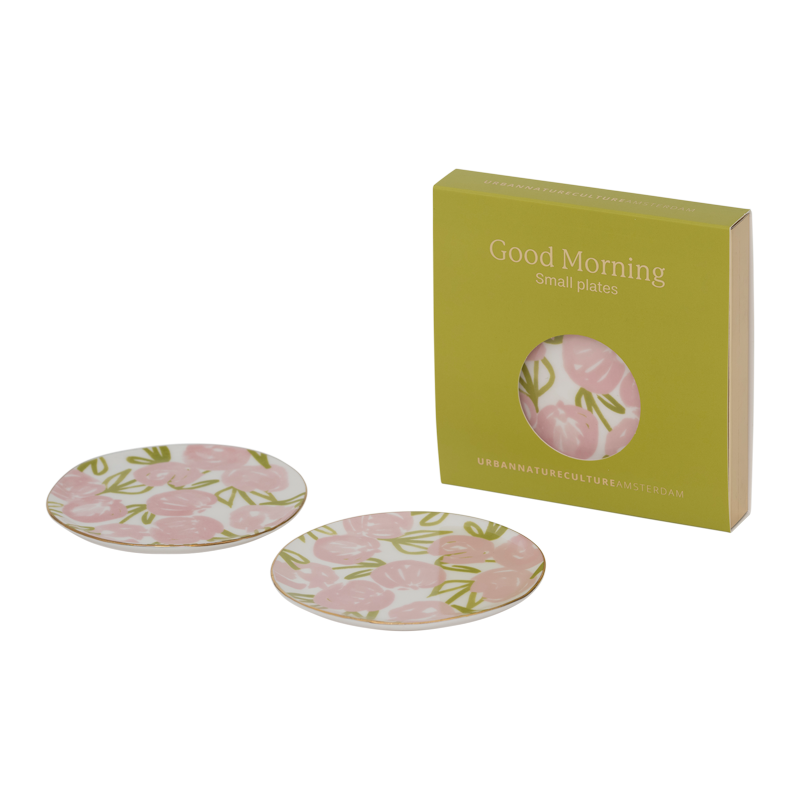 Set von Untertassen GOOD MORNING mit rosa Blumenmotiv