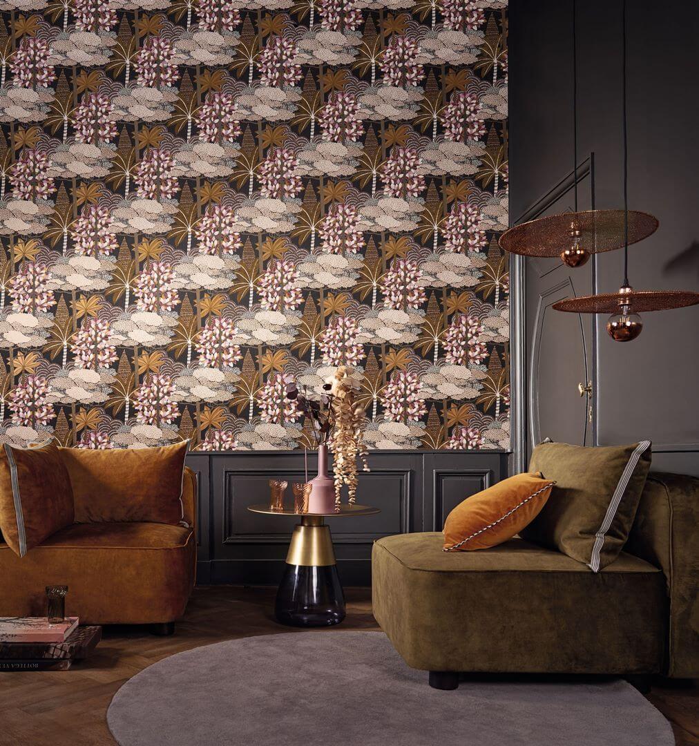 Metallic Wallpaper with Plant Motif MARAKANDA - ANTHRACITE/GARNET anthracite with gold