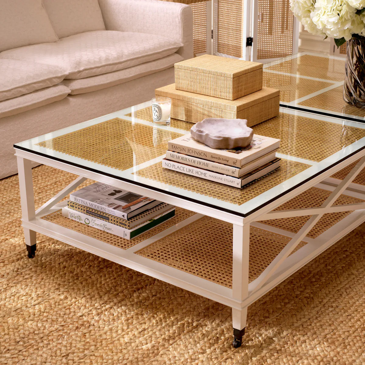 Bahamas Rattan coffee table with a white base