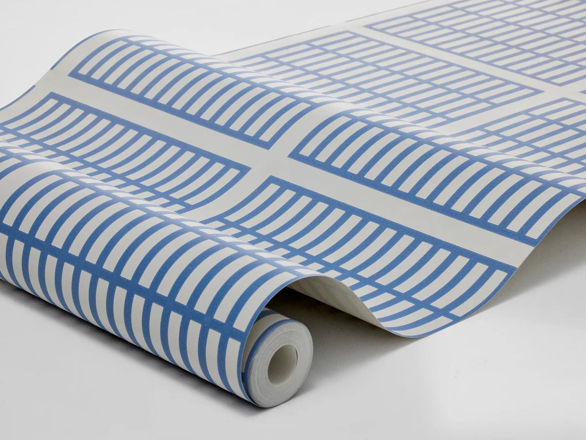 Tapete mit geometrischem Muster ALVAR AALTO 14/6 weiß mit blau