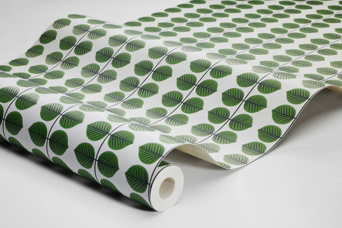 BERSÅ White Wallpaper with Green Leaf Pattern