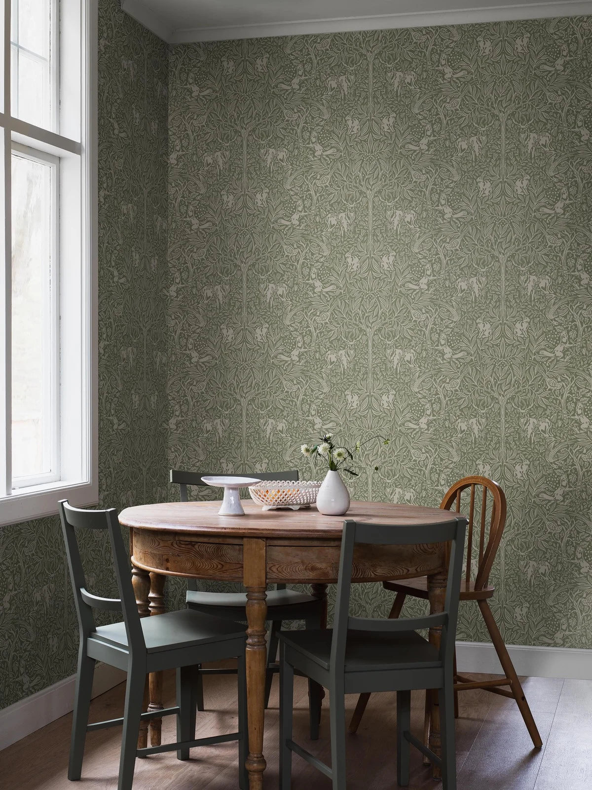Wallpaper with a botanical pattern and forest theme UNDER THE ELDER TREE green with white