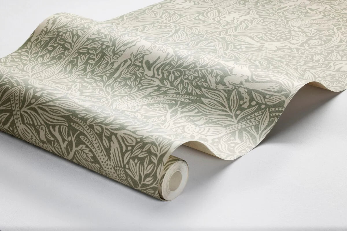 Wallpaper with a botanical pattern and forest theme UNDER THE ELDER TREE green with white