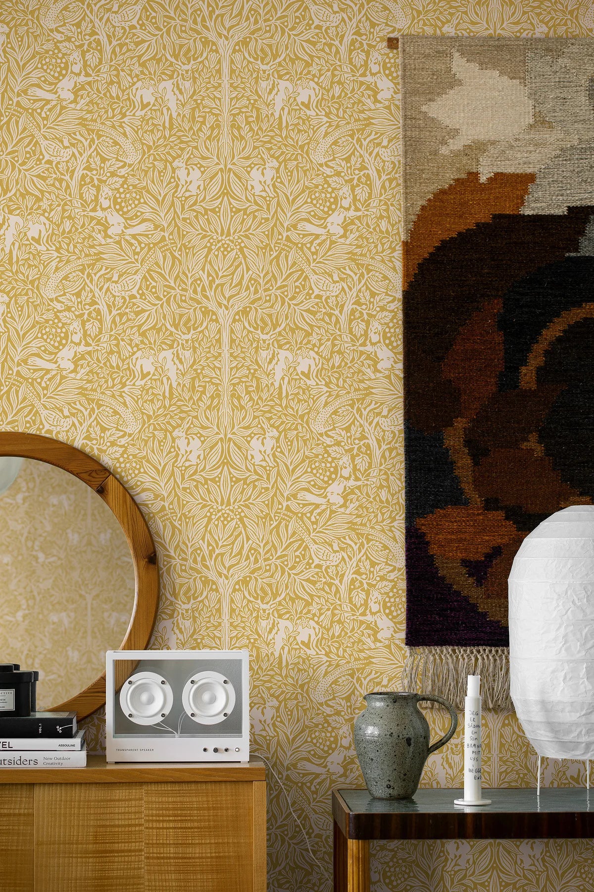 Wallpaper with a botanical pattern and forest theme UNDER THE ELDER TREE yellow with white