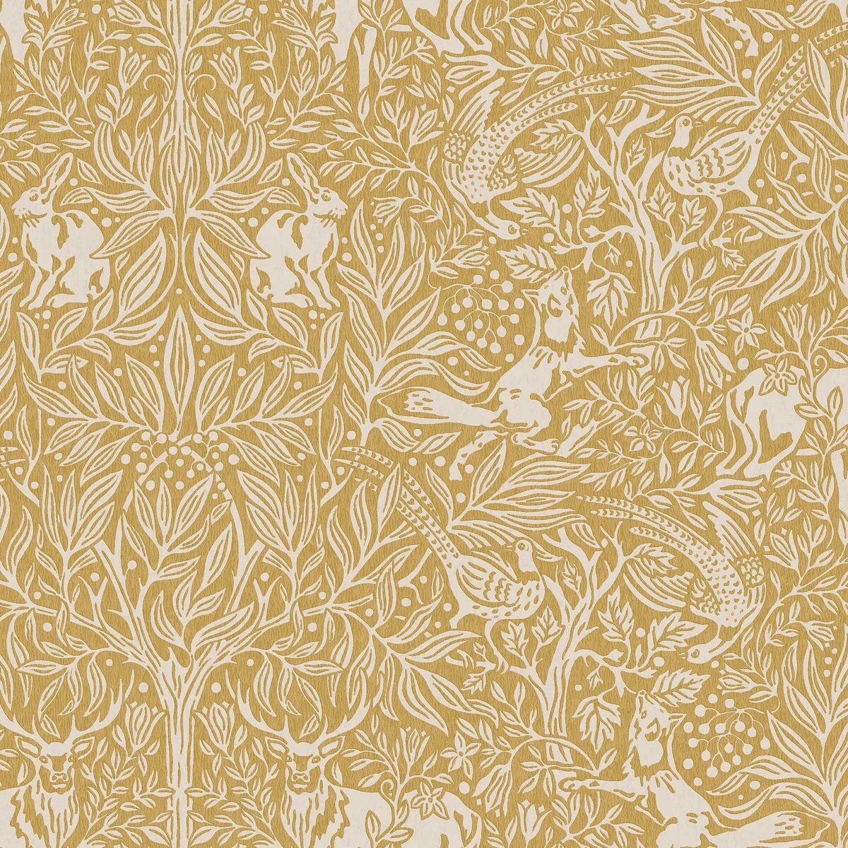 Wallpaper with a botanical pattern and forest theme UNDER THE ELDER TREE yellow with white