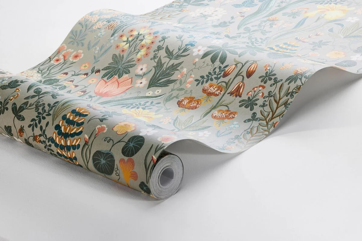 Tapete mit floralem Blumenmuster BLOMSTERHAV grau mit grün