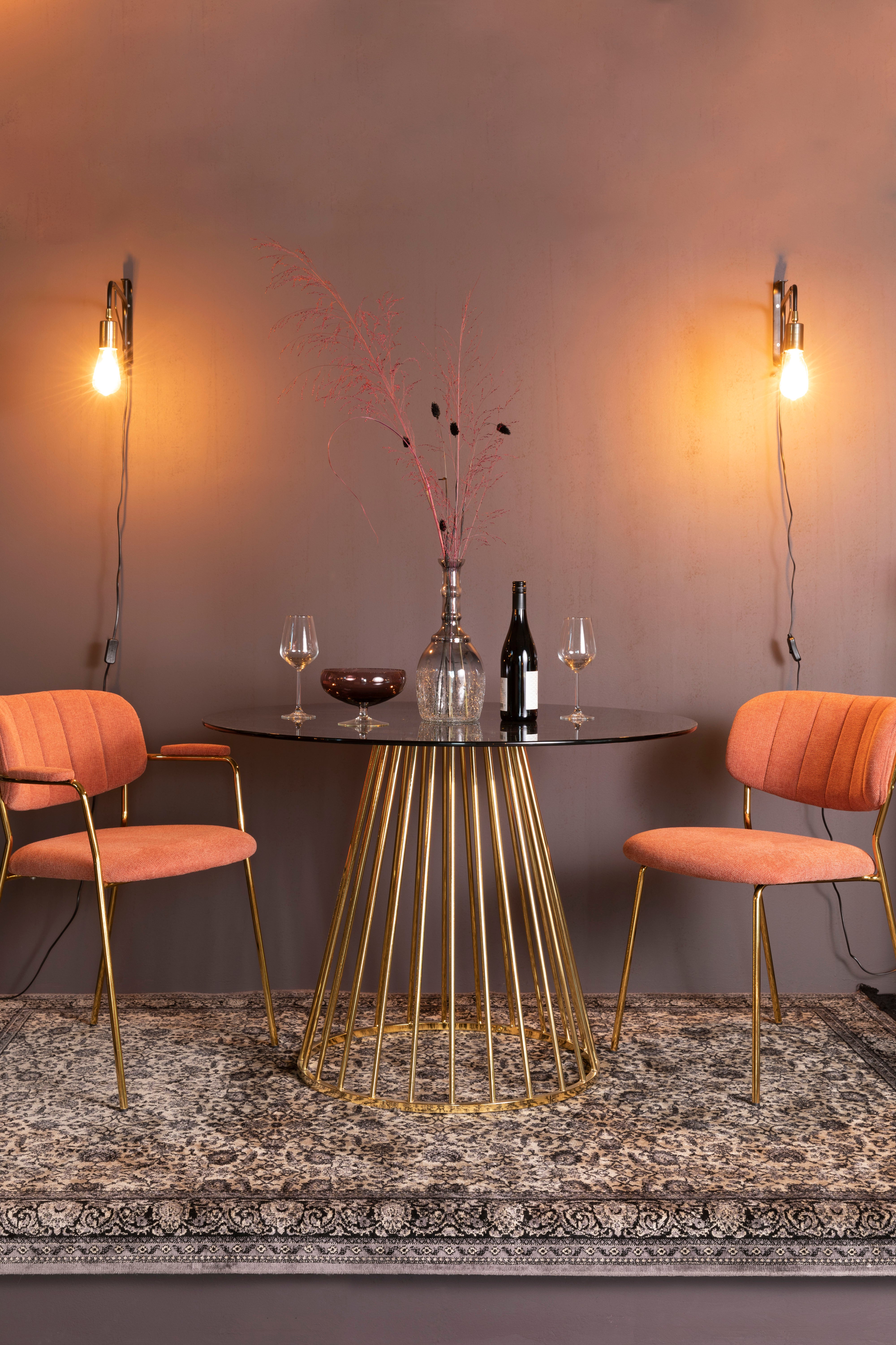 Runder Tisch FLORIS mit schwarzem Glas und goldenem Fuß
