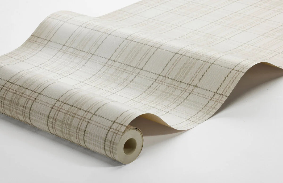 Tapete mit geometrischem Muster in schottischem Karomuster TAILOR’S TWEED beige mit Weiß