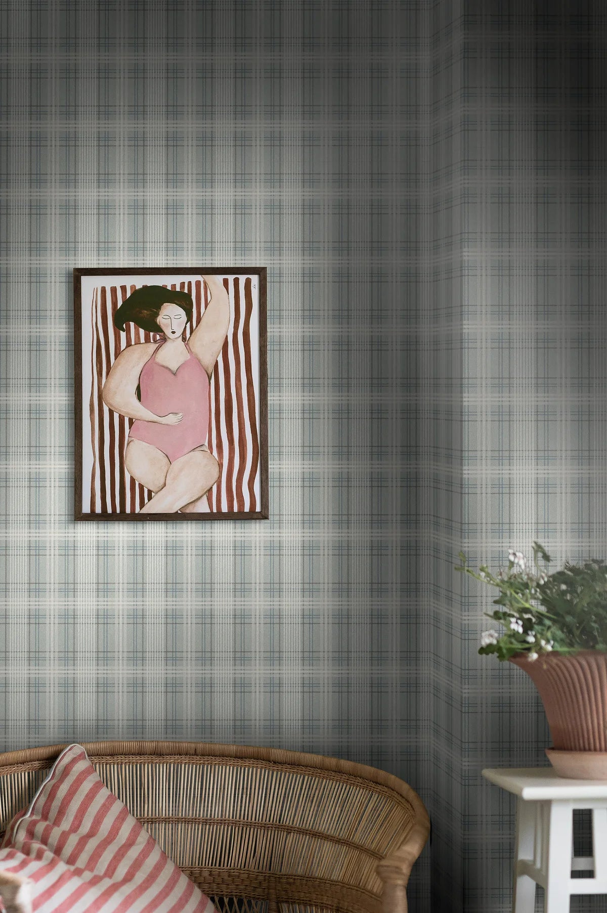 Tapete mit geometrischem Muster in schottischem Karomuster TAILOR’S TWEED türkis mit beige