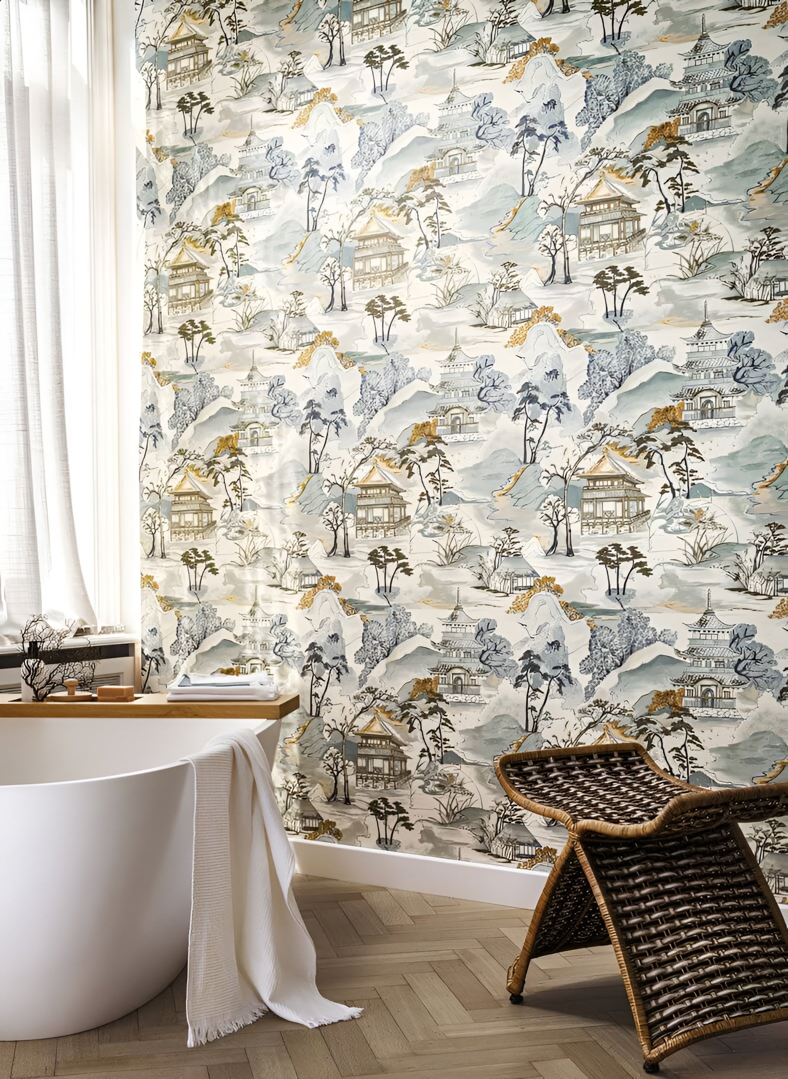 Structural wallpaper with oriental landscape NARA - VERT IMPERIAL green