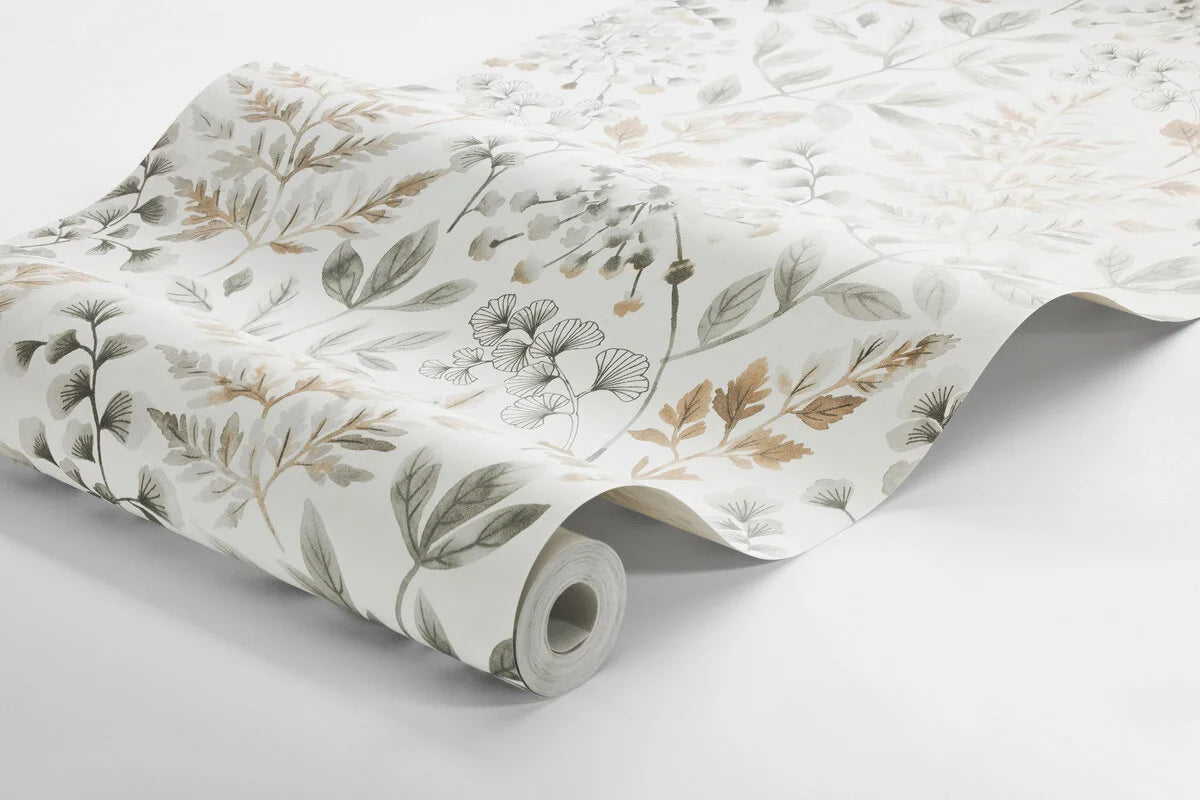 Non-woven paper wallpaper with a plant pattern SIGRID in beige with green