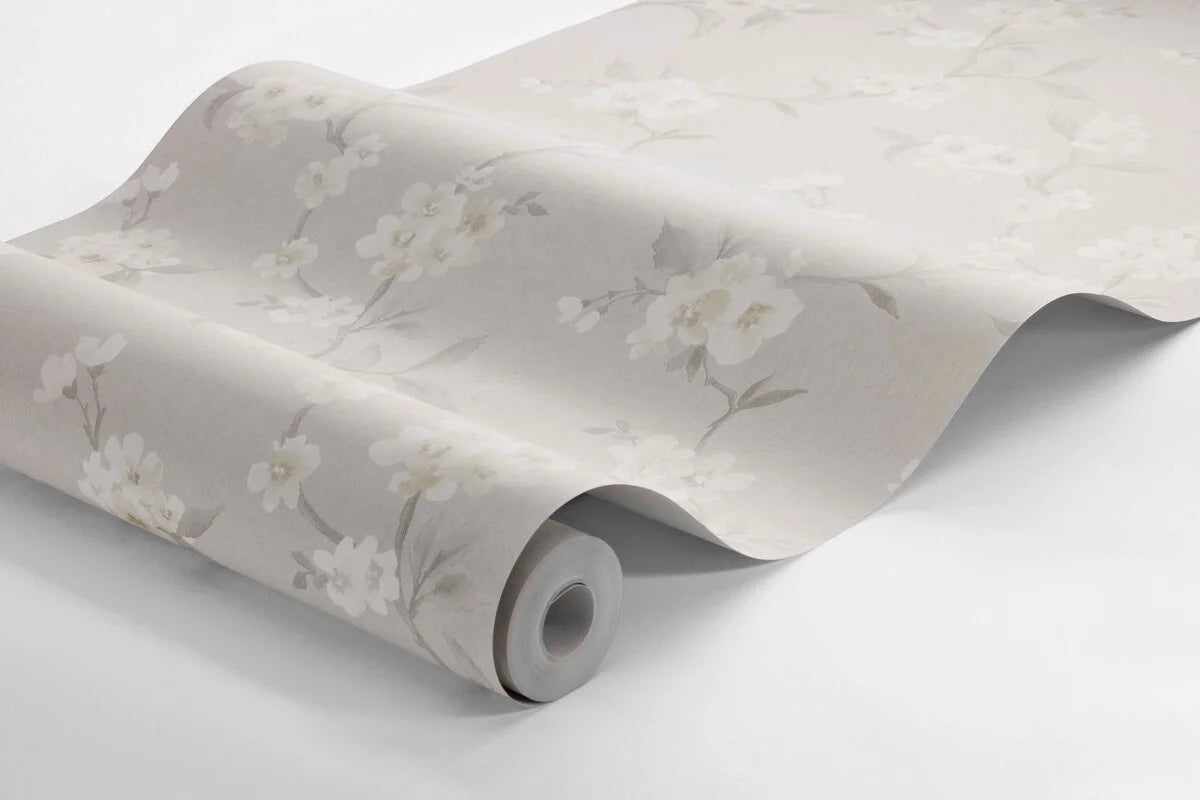 Non-woven paper wallpaper with a floral pattern MARIE gray with cream