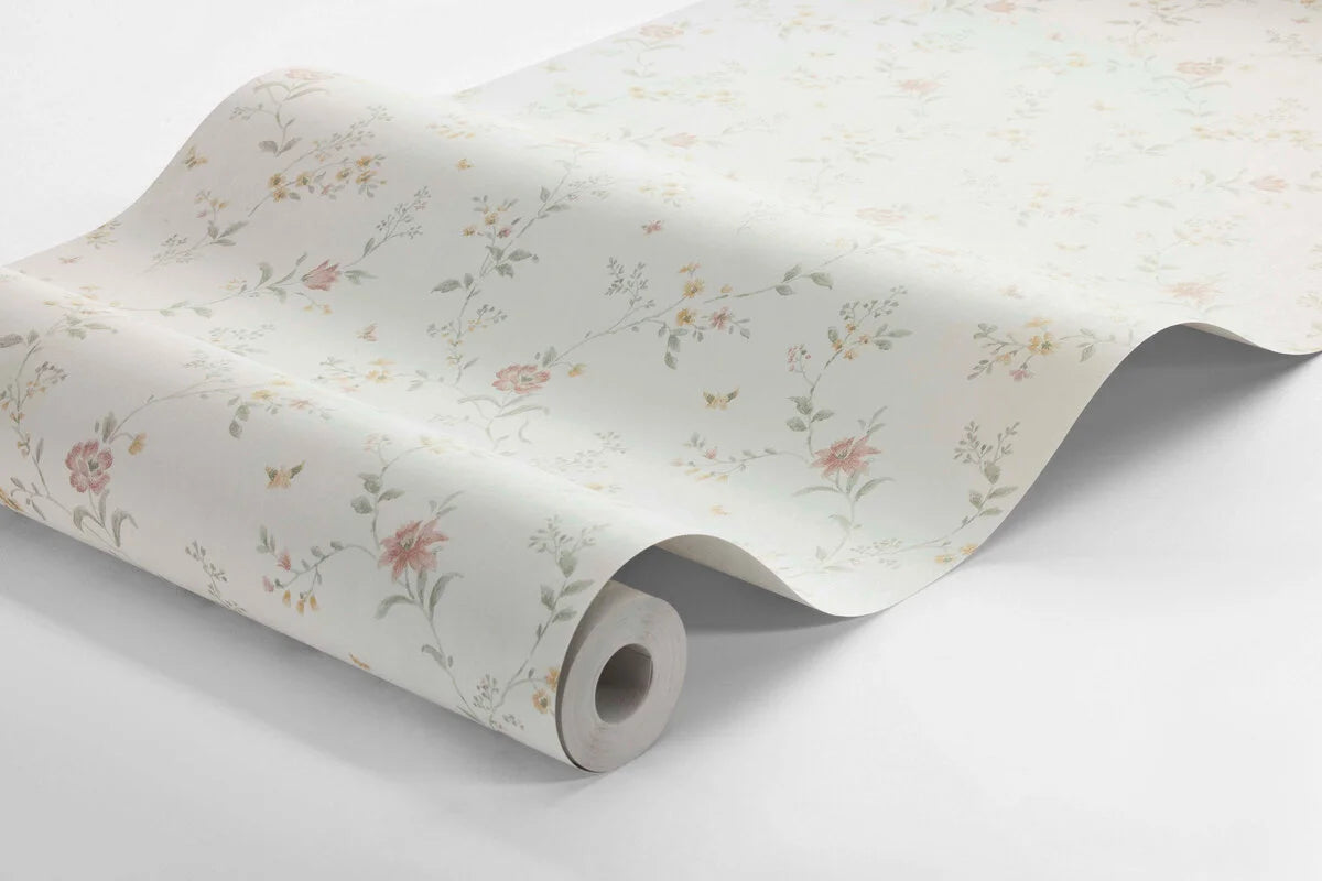 Non-woven paper wallpaper with a floral pattern VIKTORIA, off-white with green