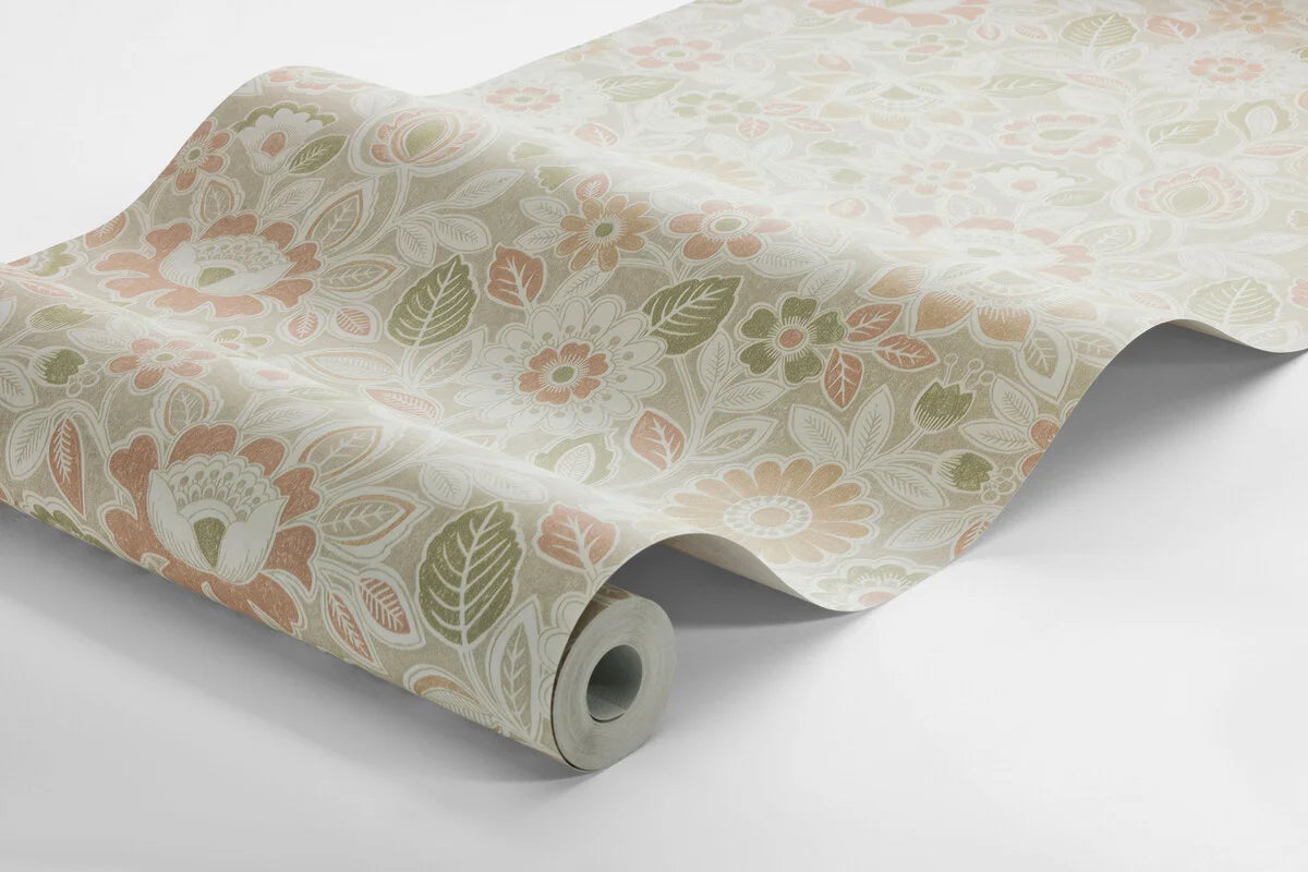 Non-woven paper wallpaper with a green floral pattern SONJA with beige