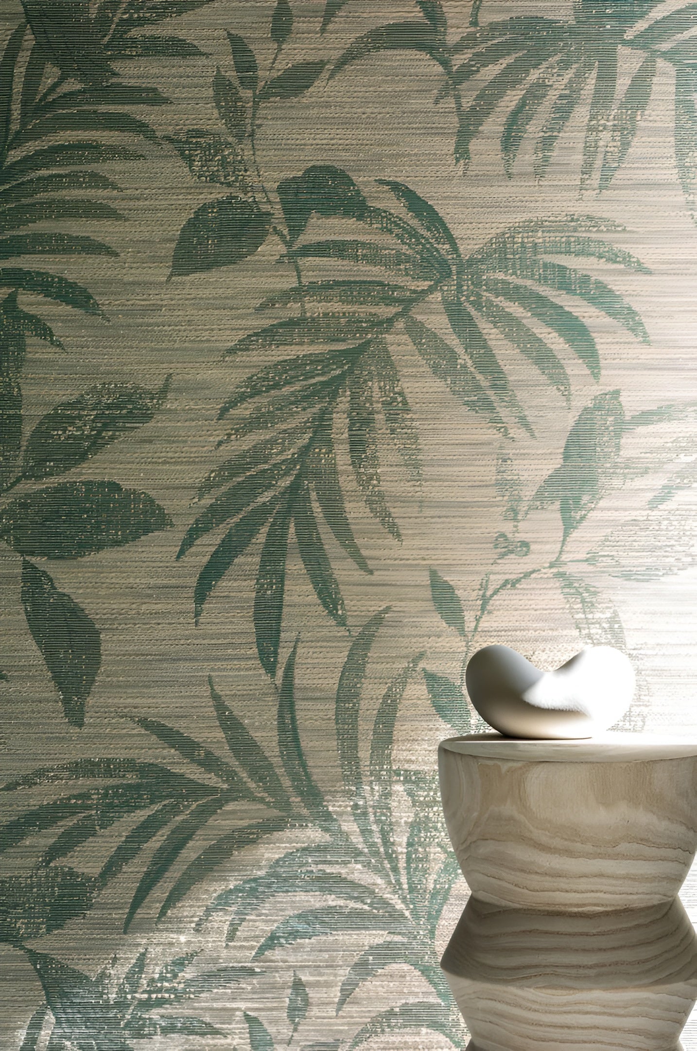 Textile wallpaper with a plant motif of SALIX leaves - ORANGE BRÛLÉ/OCHRE burnt orange with beige