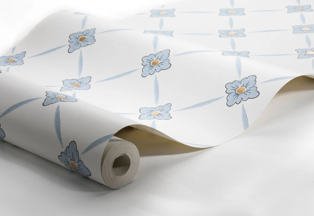 Vlies-Tapete mit pflanzlichem Muster LINNÉ warmweiß mit Blau