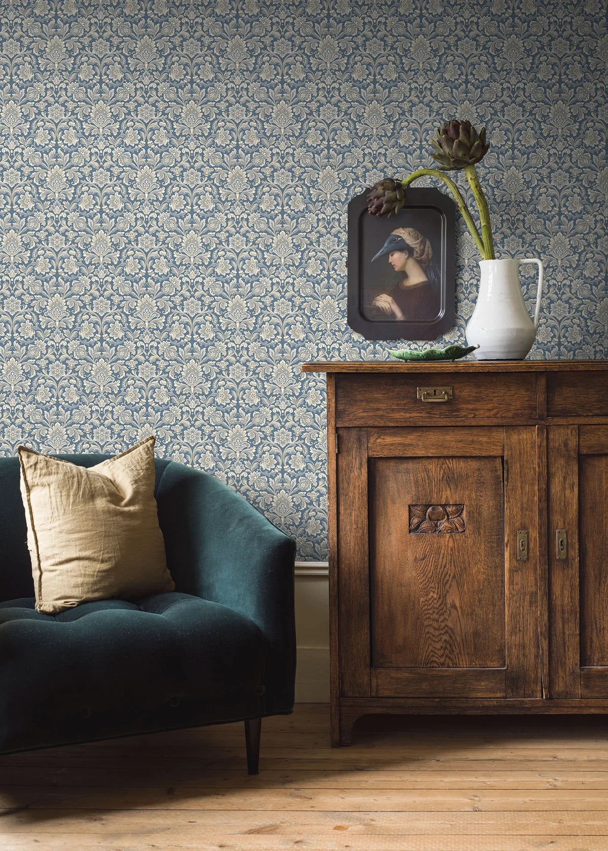 Vlies-Tapete mit pflanzlichem Muster FOGLAVIK blau mit cremefarbenem