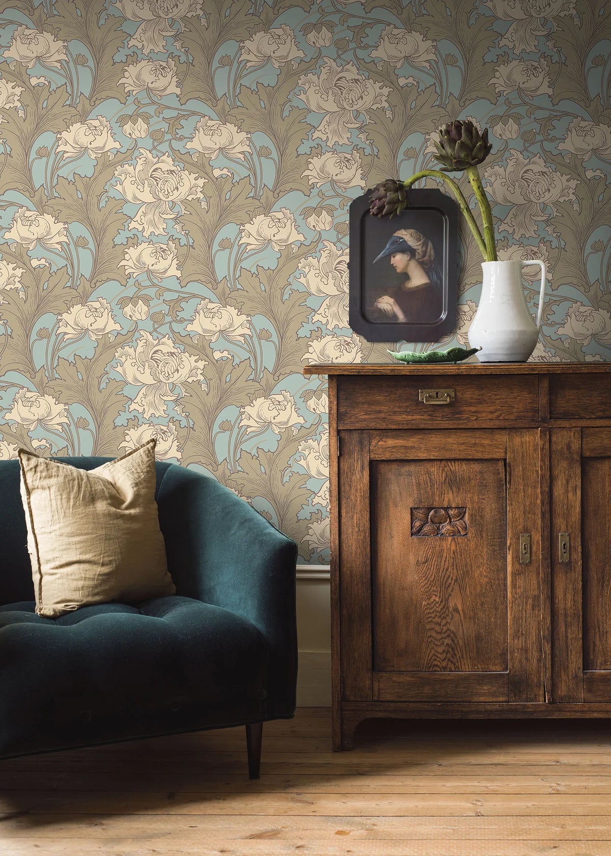 Vlies-Tapete mit pflanzlichem Muster SIRI creme mit türkis