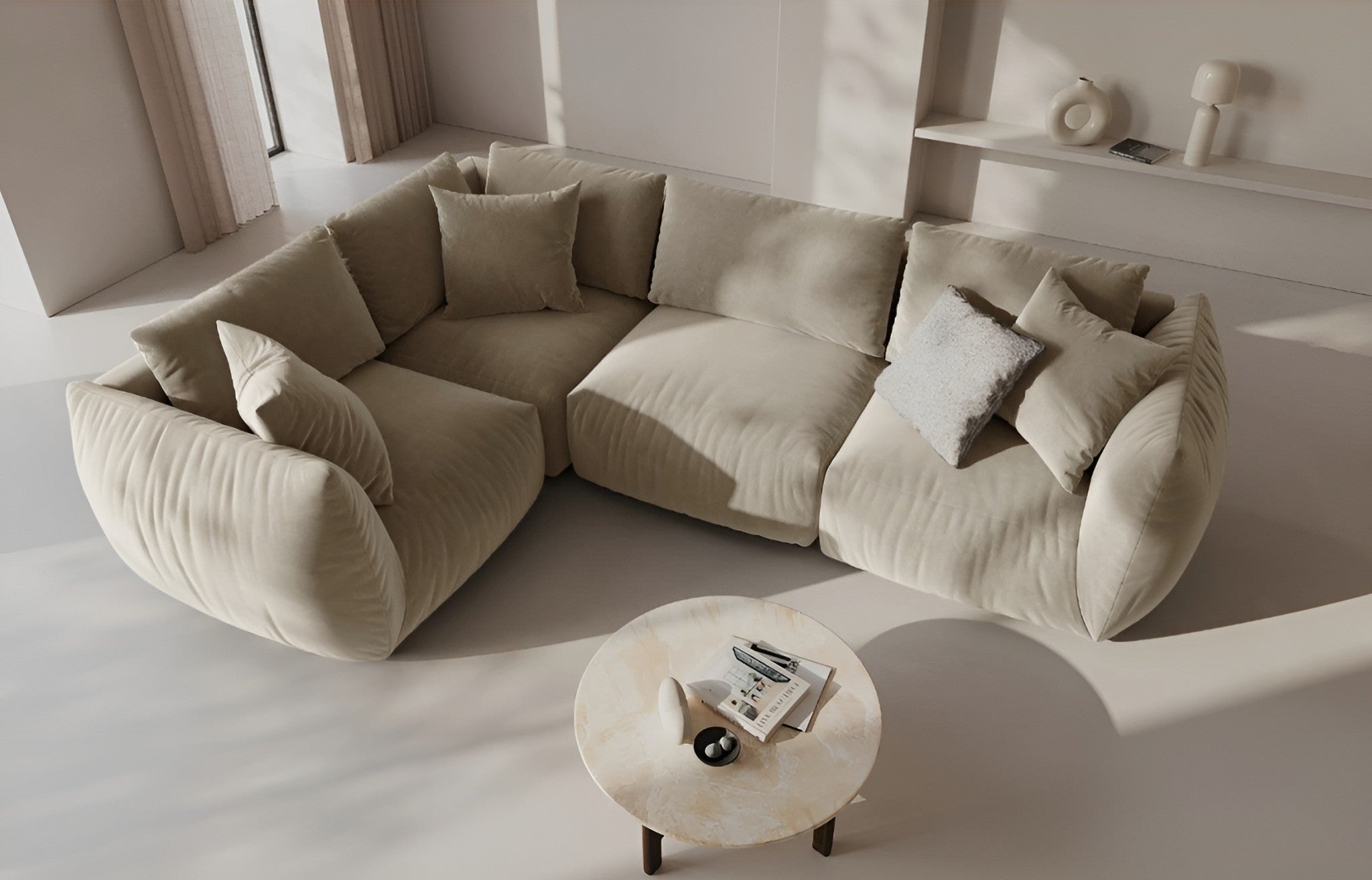 Modulares Samtsofa CHRIS - linkes Element ecru