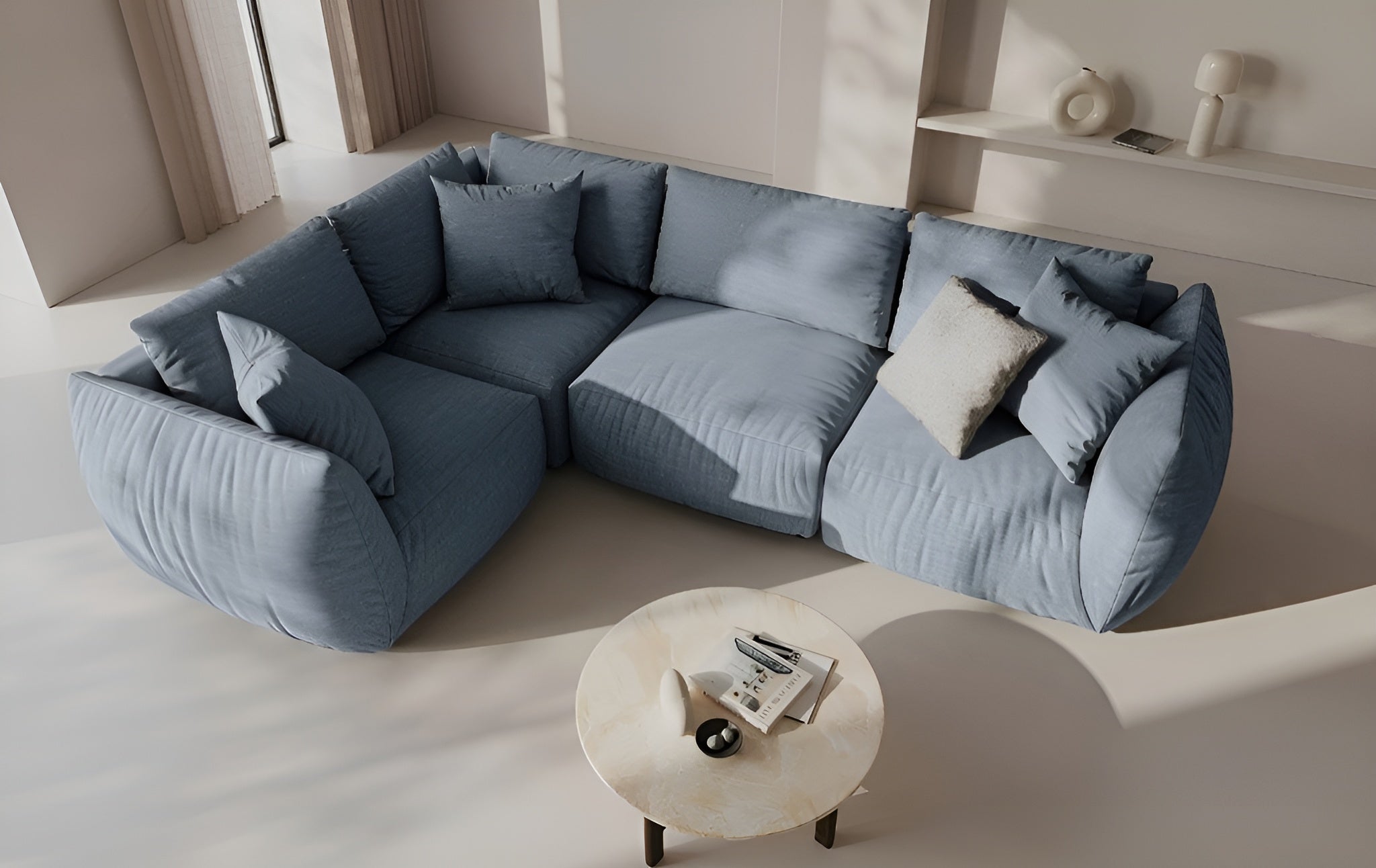 Left-facing 4-seater corner sofa CHRIS light blue chenille