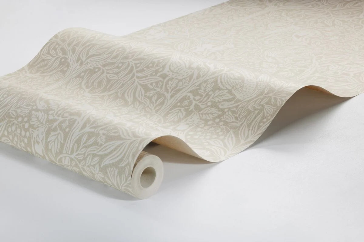 Wallpaper with a botanical pattern and forest theme UNDER THE ELDER TREE beige with white