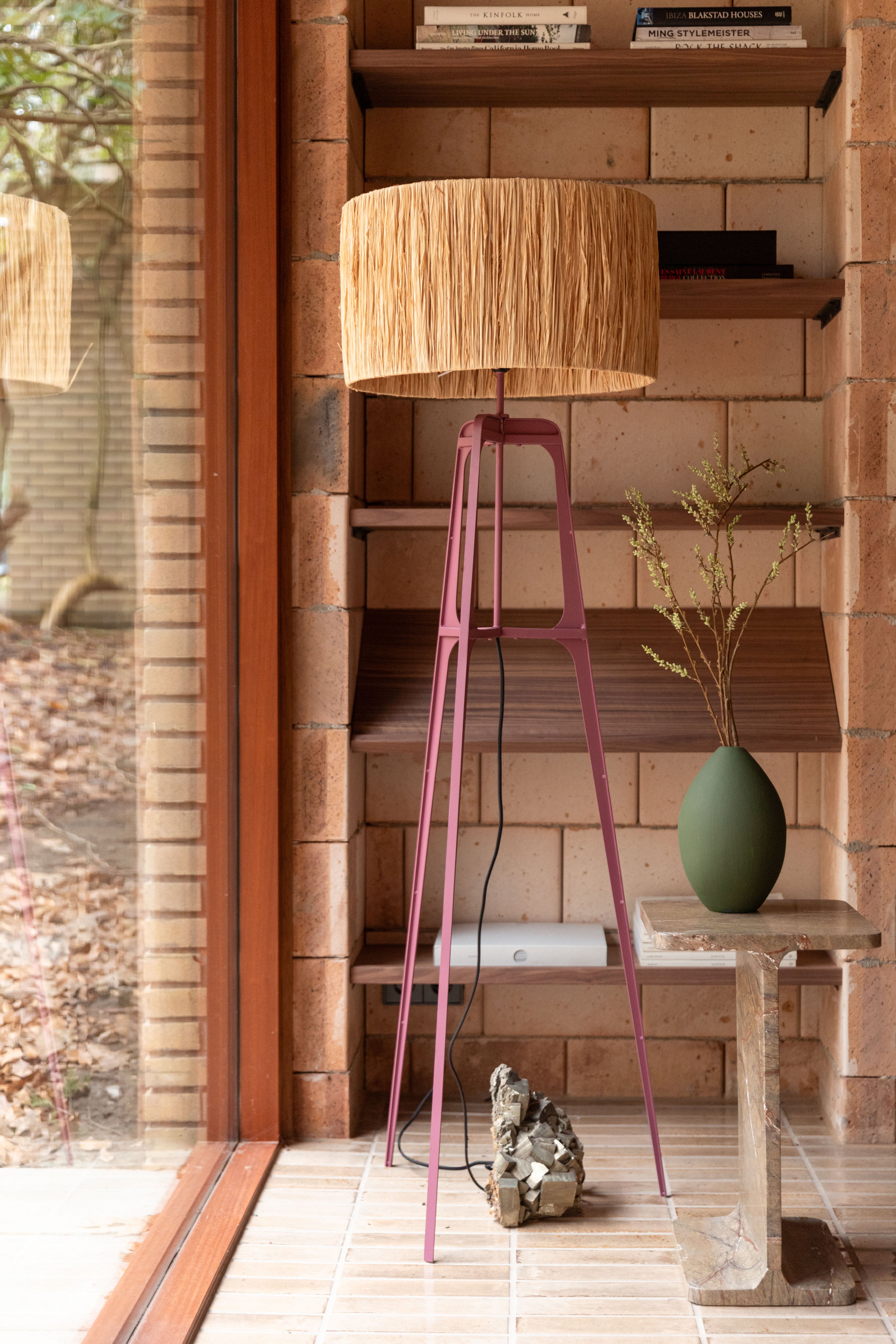 AFRA lamp in light brown with a plum base