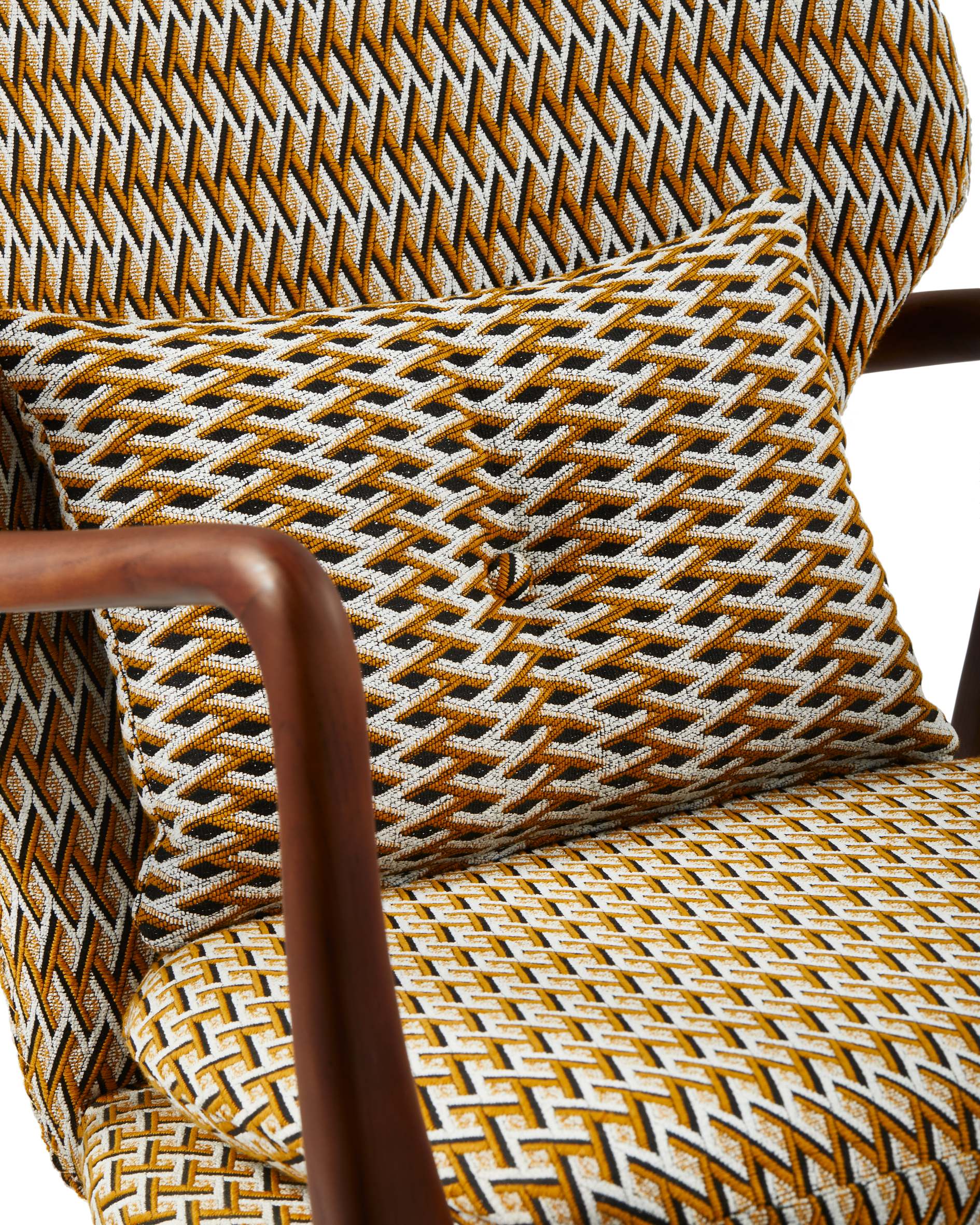 PEGGY Armchair in Orchid with Geometric Patterns and Wooden Base