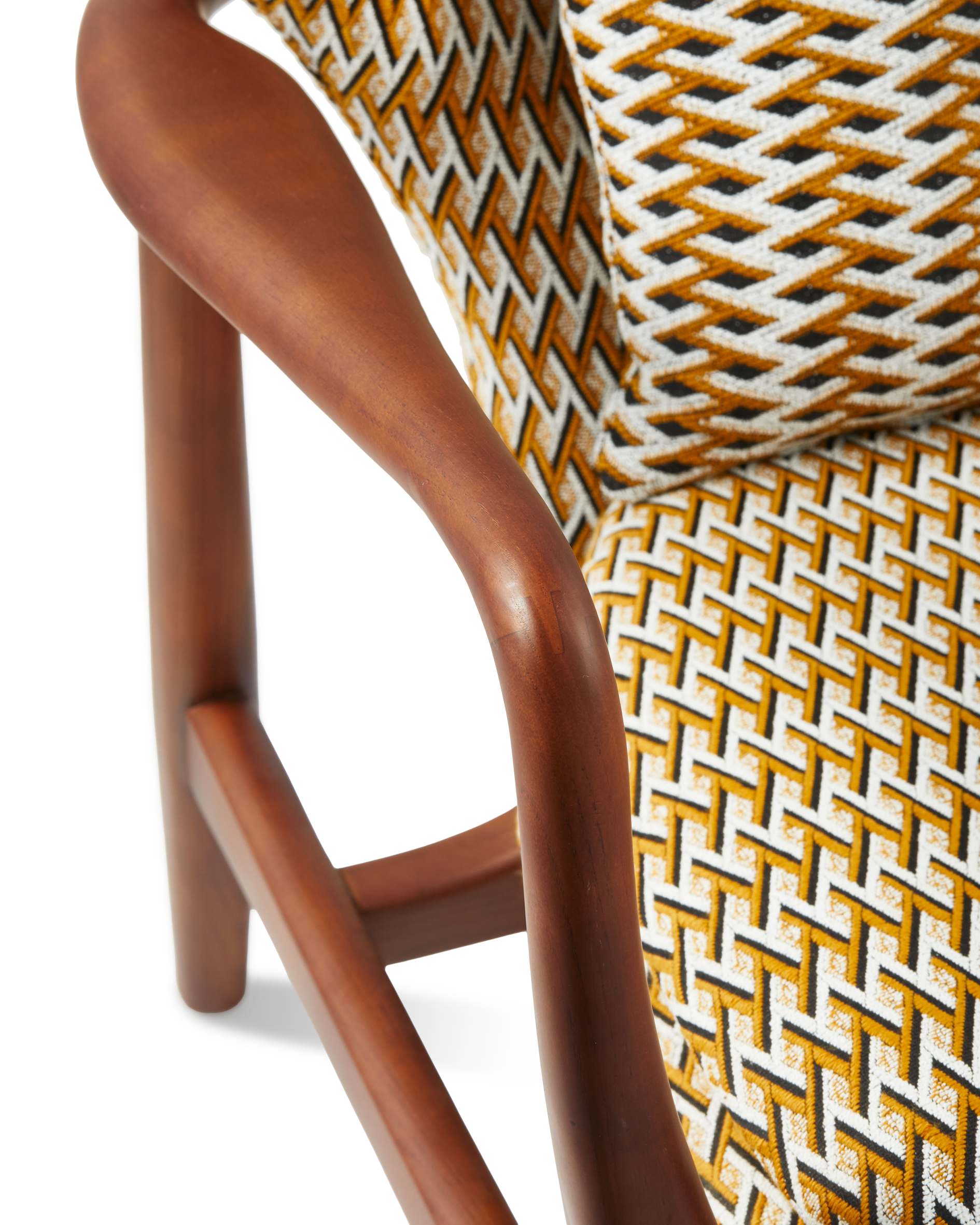 PEGGY Armchair in Orchid with Geometric Patterns and Wooden Base