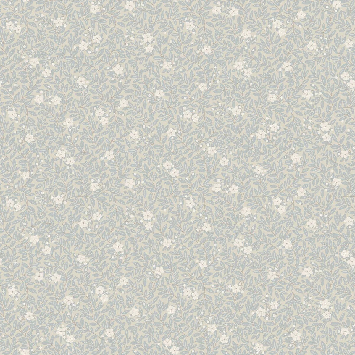 Tapete mit floralem Muster aus Blumen und Blättern MYRTEN, gedämpftes Blau mit Weiß