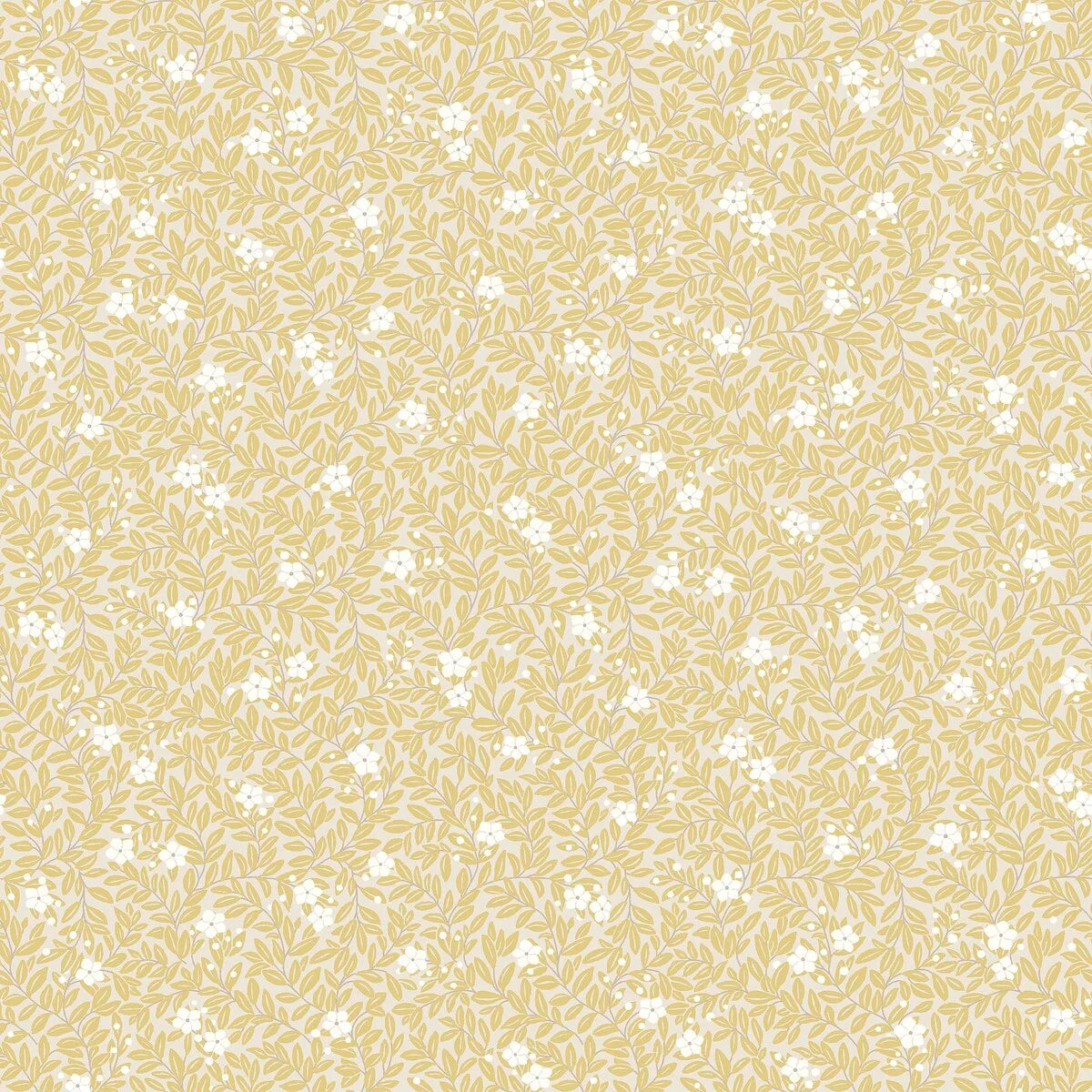 Wallpaper with a floral pattern of flowers and leaves MYRTEN yellow with white