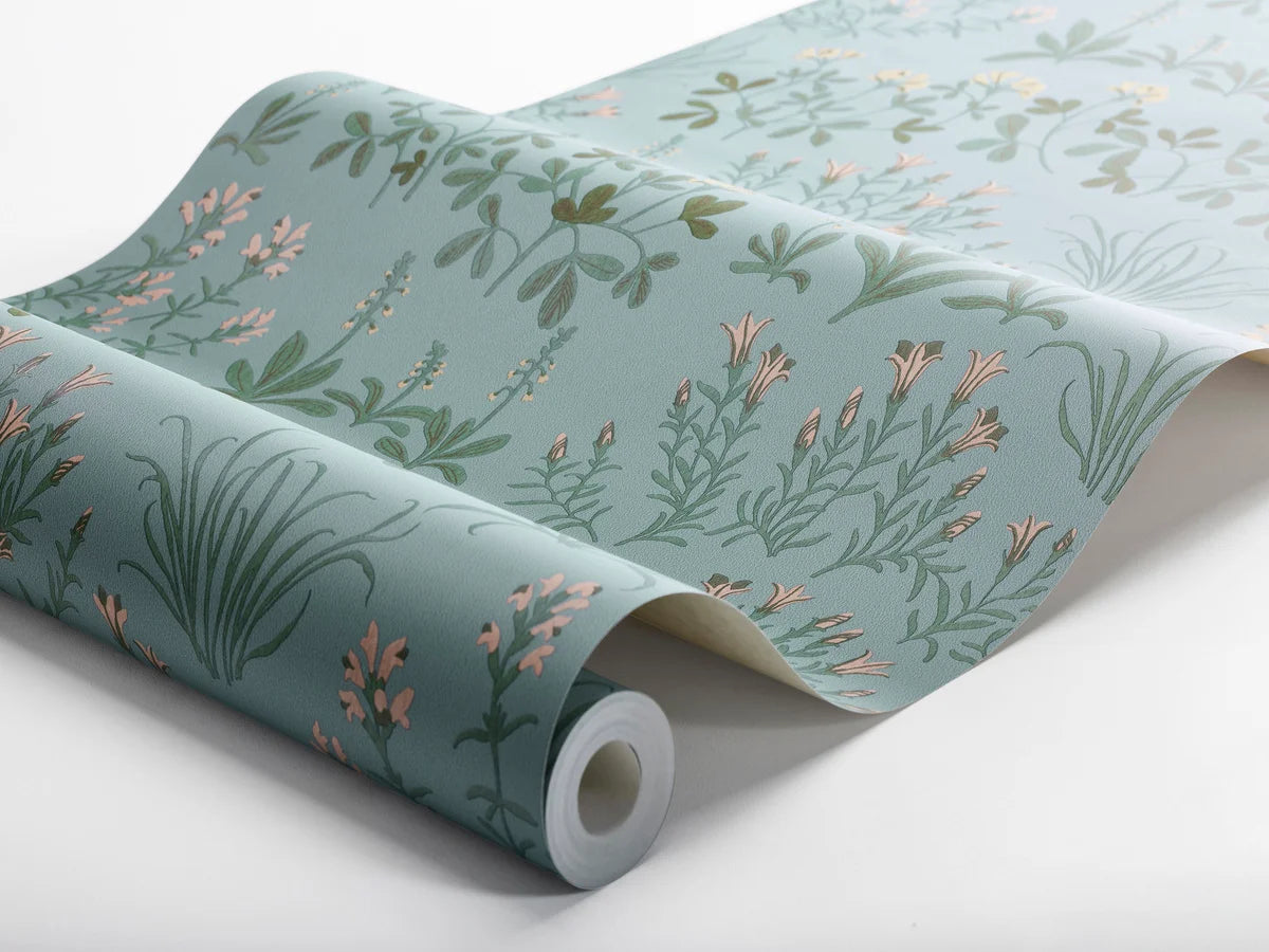 Tapete mit Pflanzenmotiv NORAS ANG, gedämpftes Blau mit Gelb