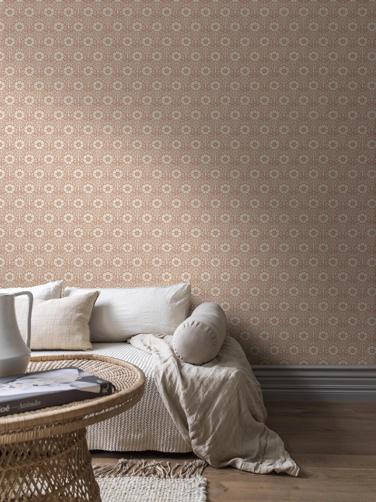 Floral-patterned wallpaper NYPONROS terracotta with white