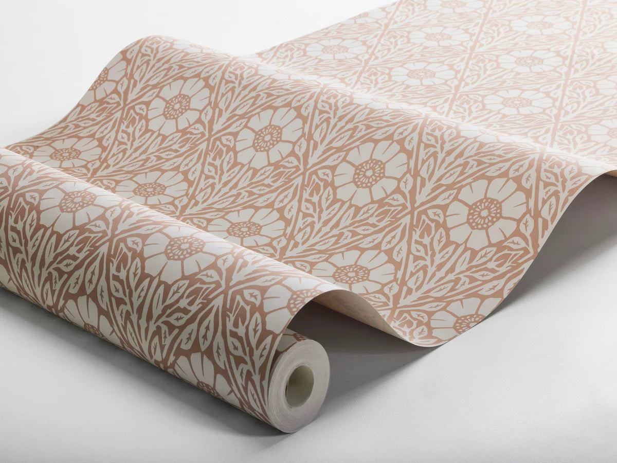 Floral-patterned wallpaper NYPONROS terracotta with white