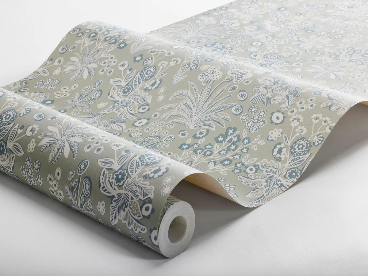 Tapete mit pflanzlichem Blumenmotiv TUVA khaki mit cremefarbenem Hintergrund