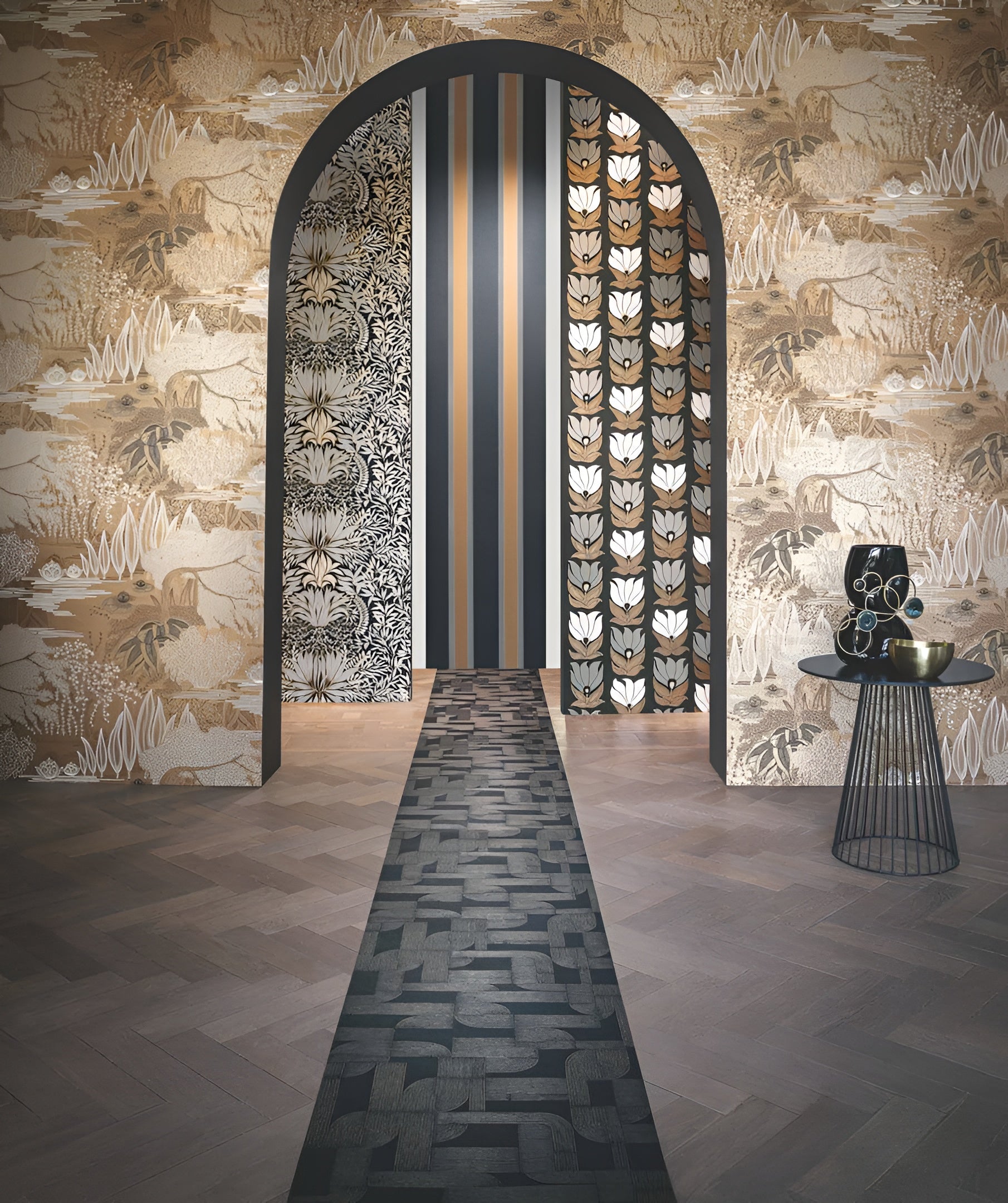 Wallpaper with a plant landscape of a water garden JASMIN - GREGE/GREEN CLAY muted beige with green