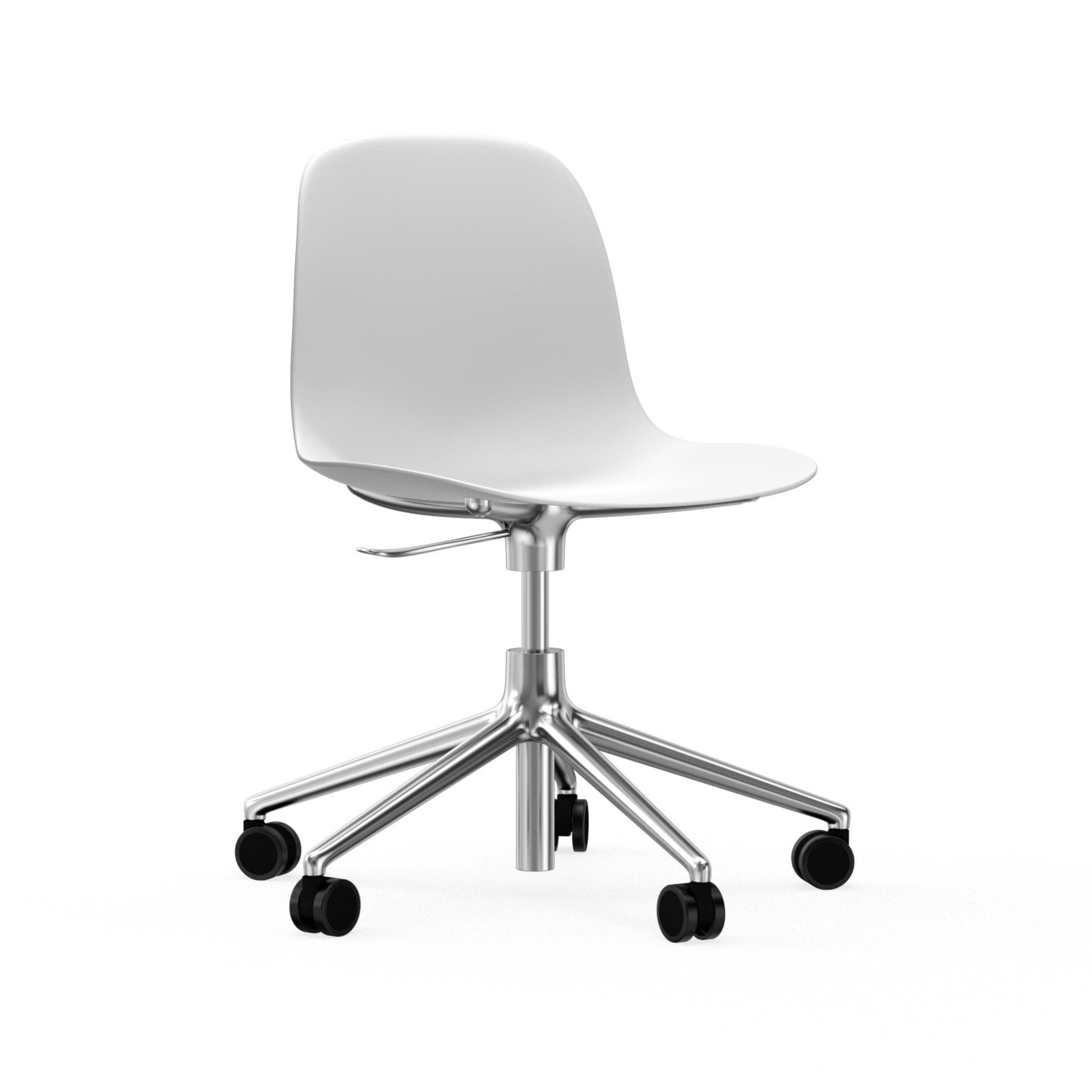 Office chair with adjustable 5W forms white with an aluminum base on wheels