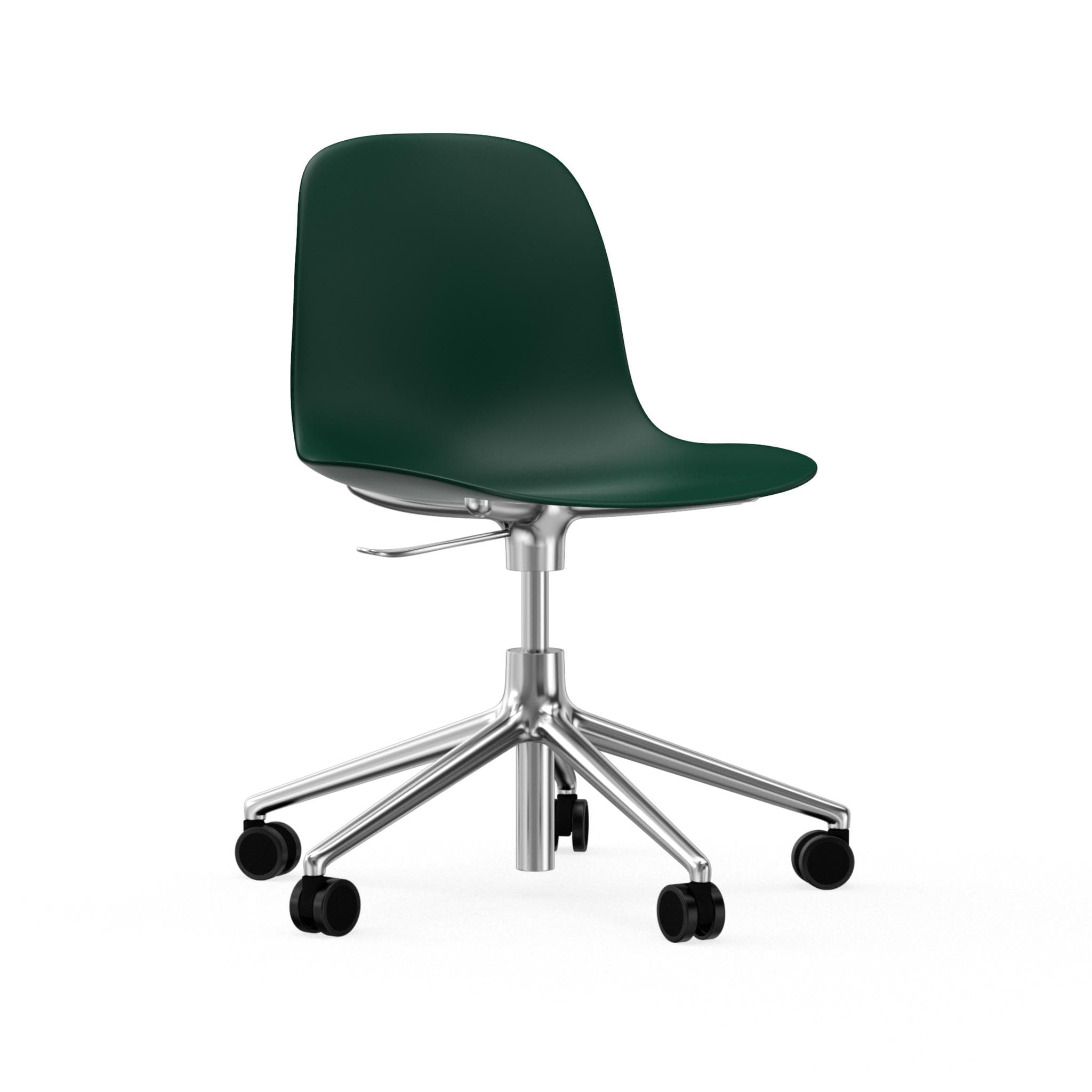 Office chair with regulation of 5W green forms with an aluminum base on wheels