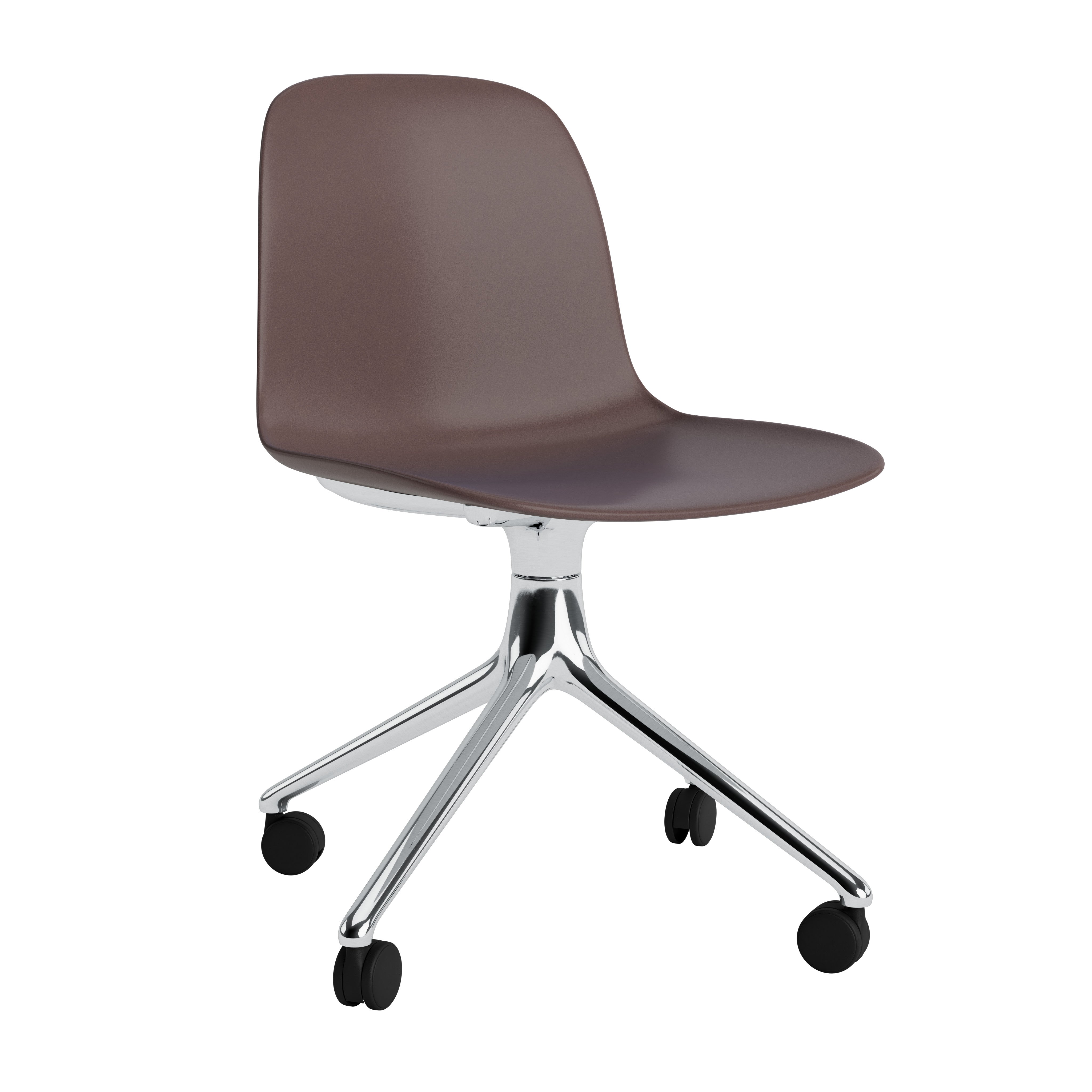 4W brown office chair with an aluminum base on wheels