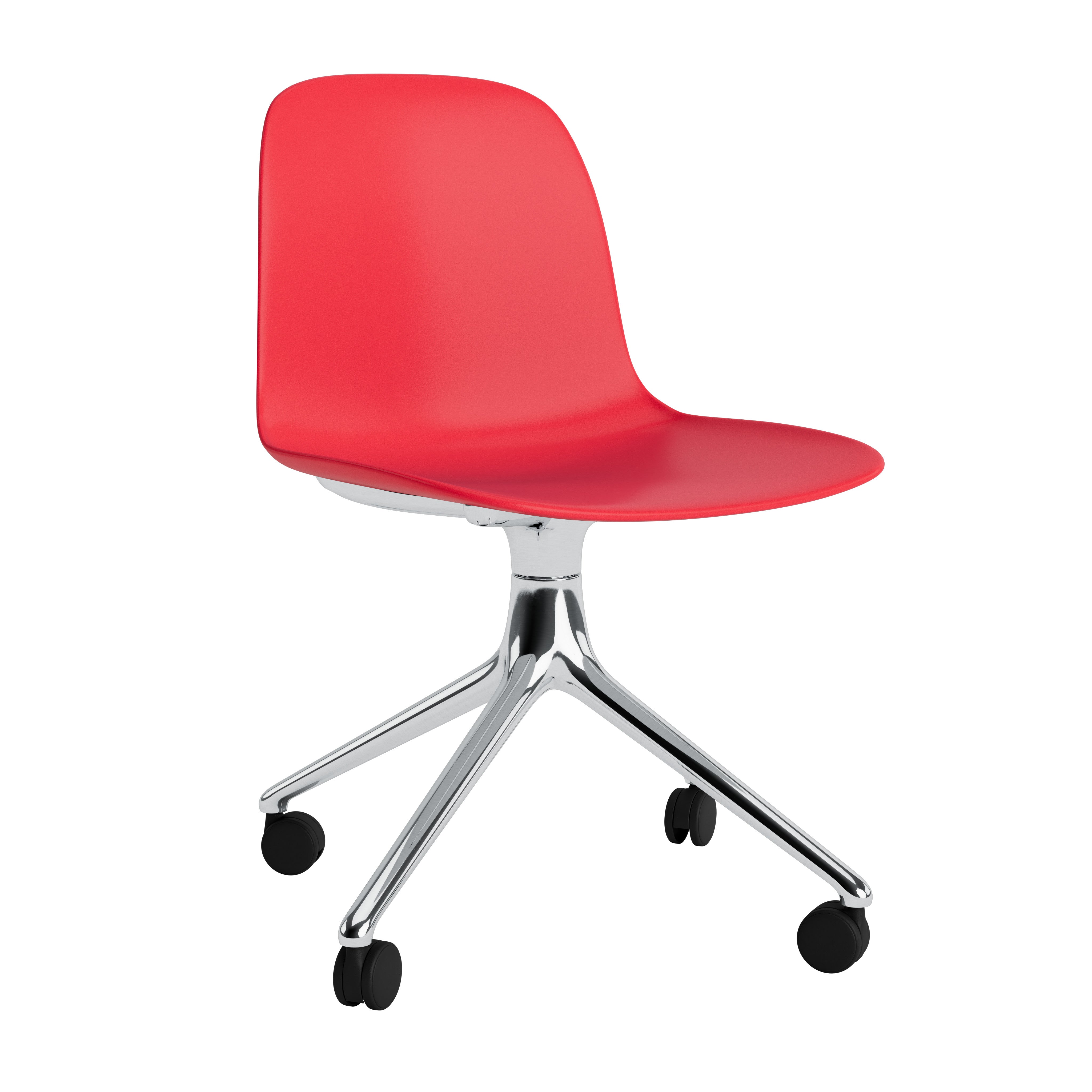 4W red office chair red with an aluminum base on wheels