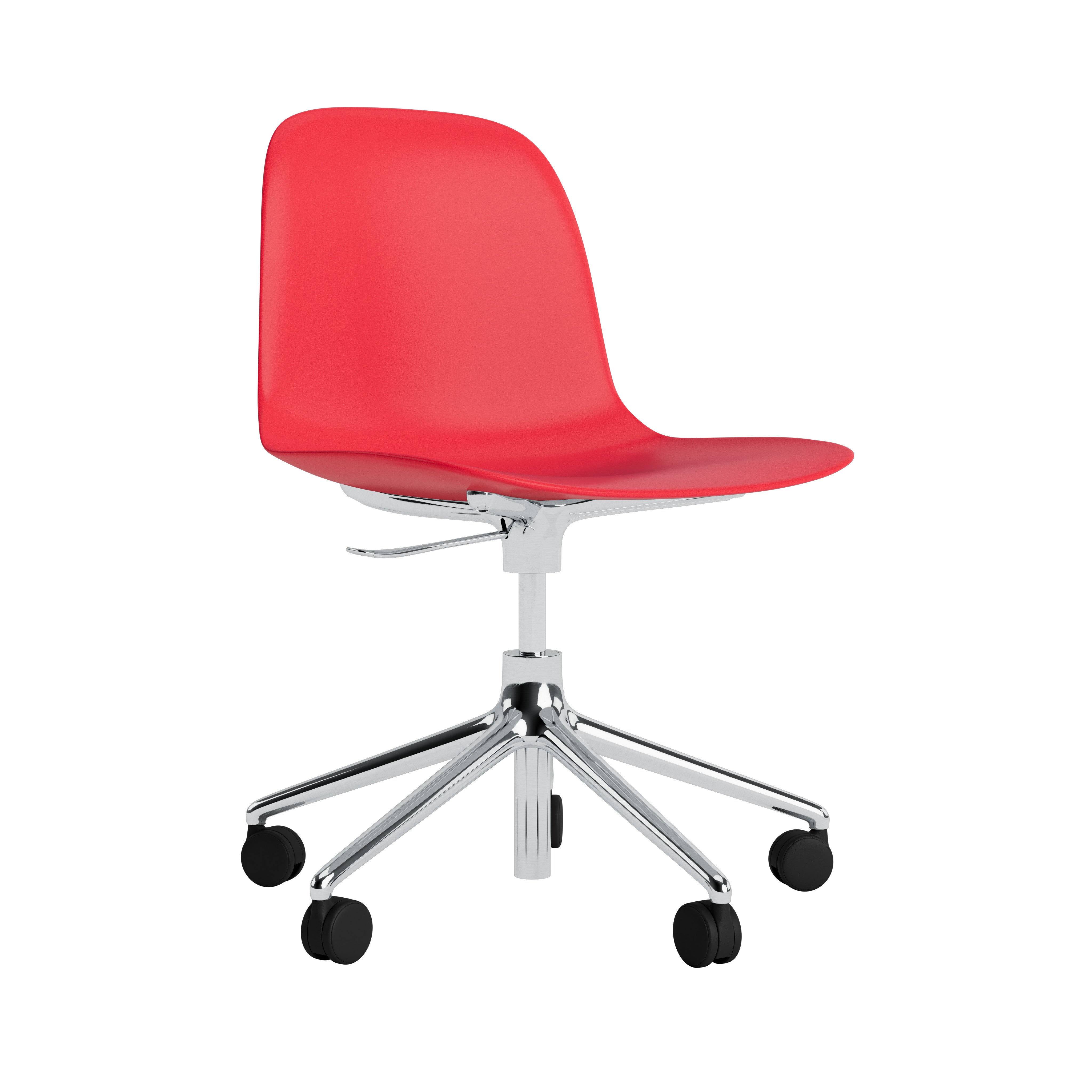 Office chair with adjustable 5W forms red with an aluminum base on wheels