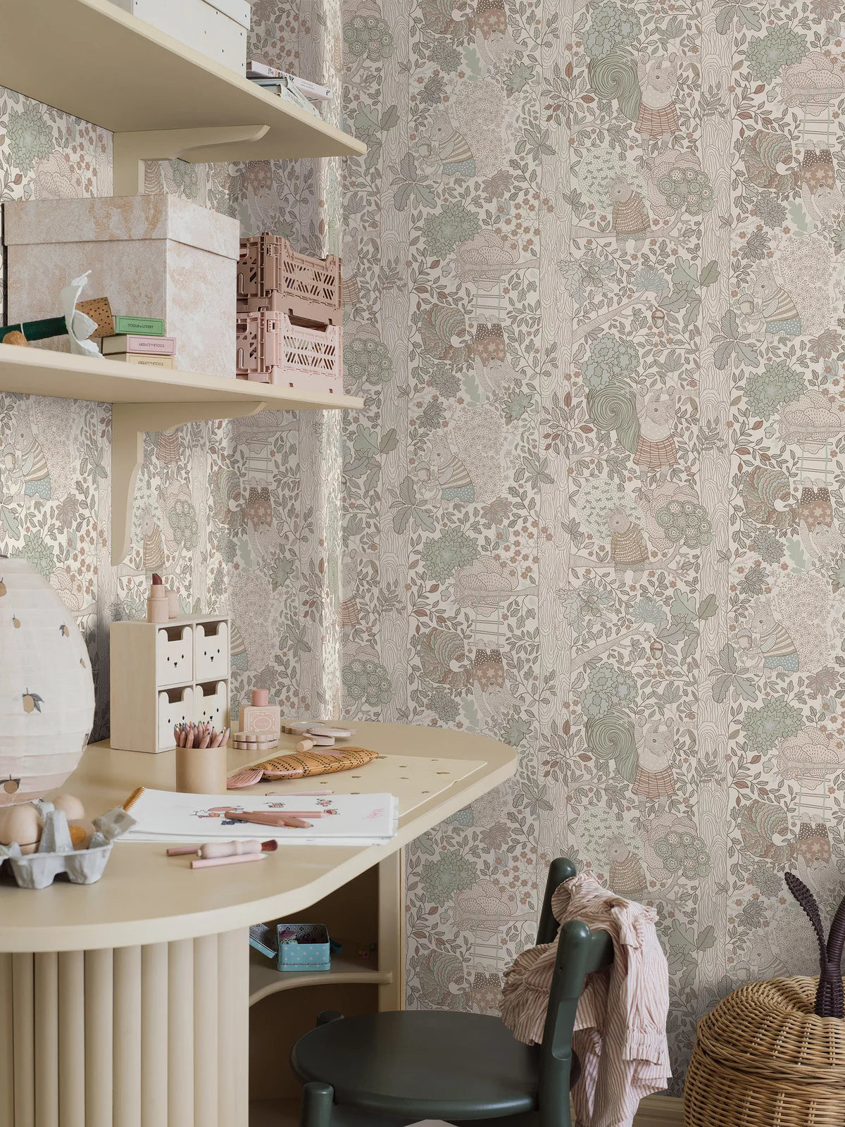 Children's wallpaper with a fairytale forest theme CHARLIE cream with green