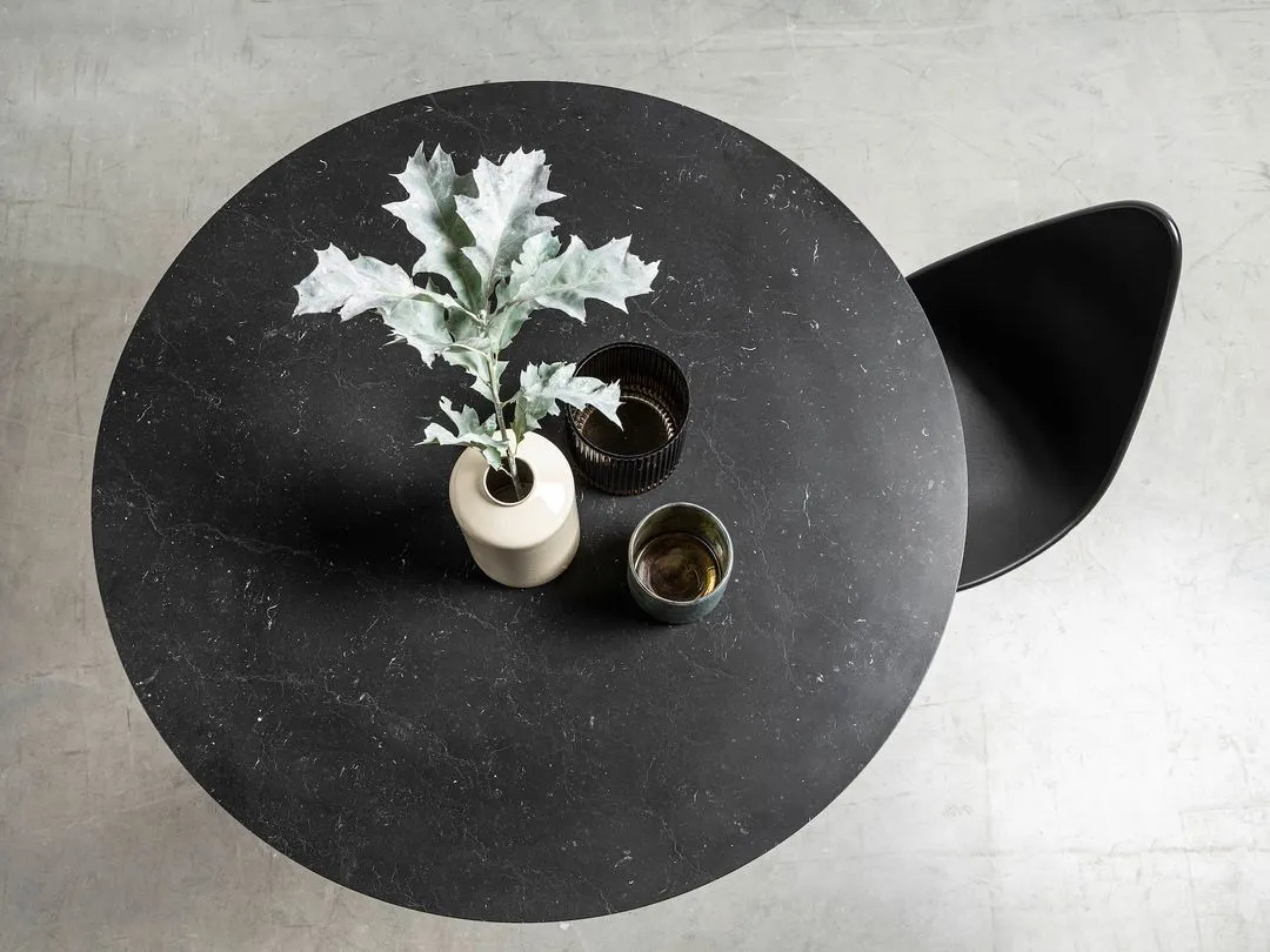 Round MOON Table with Brushed Marble Top and Black Steel Base