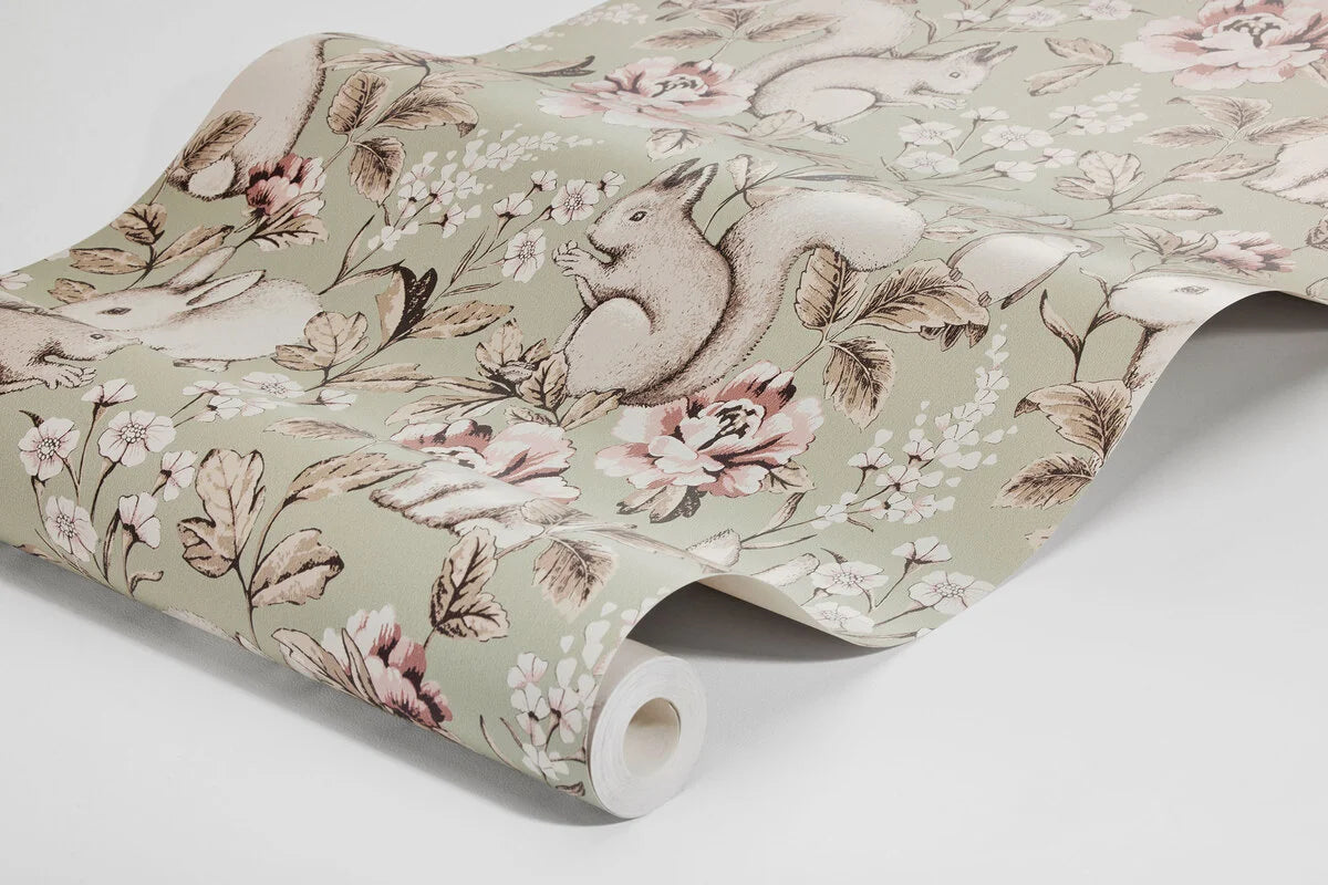 Children's wallpaper with a plant and animal theme MAGIC FOREST light green