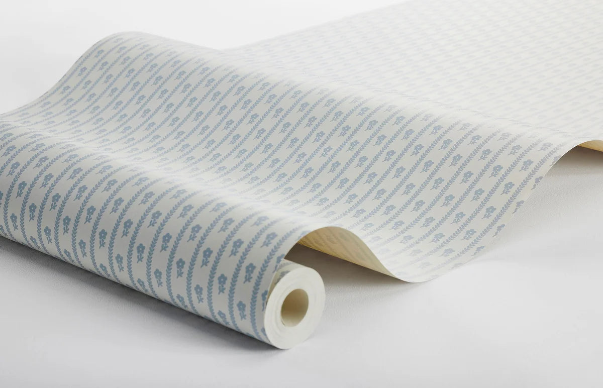 LILLA LYCKAN White and Blue Striped Wallpaper with Floral Motif