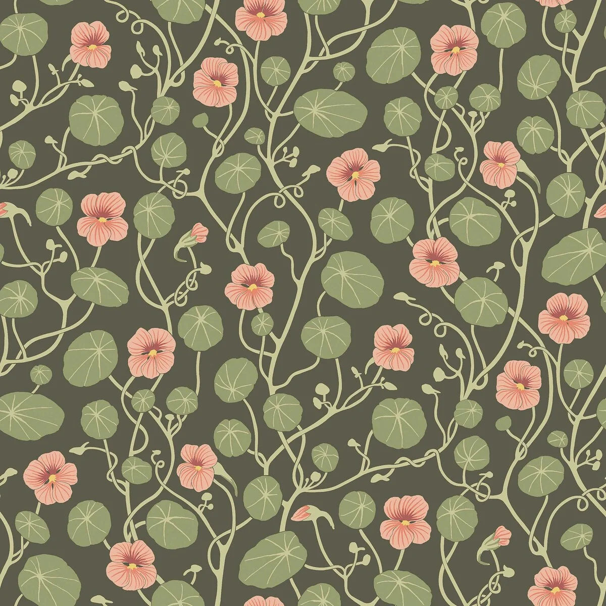 Dark brown floral plant motif wallpaper KRASSE with green