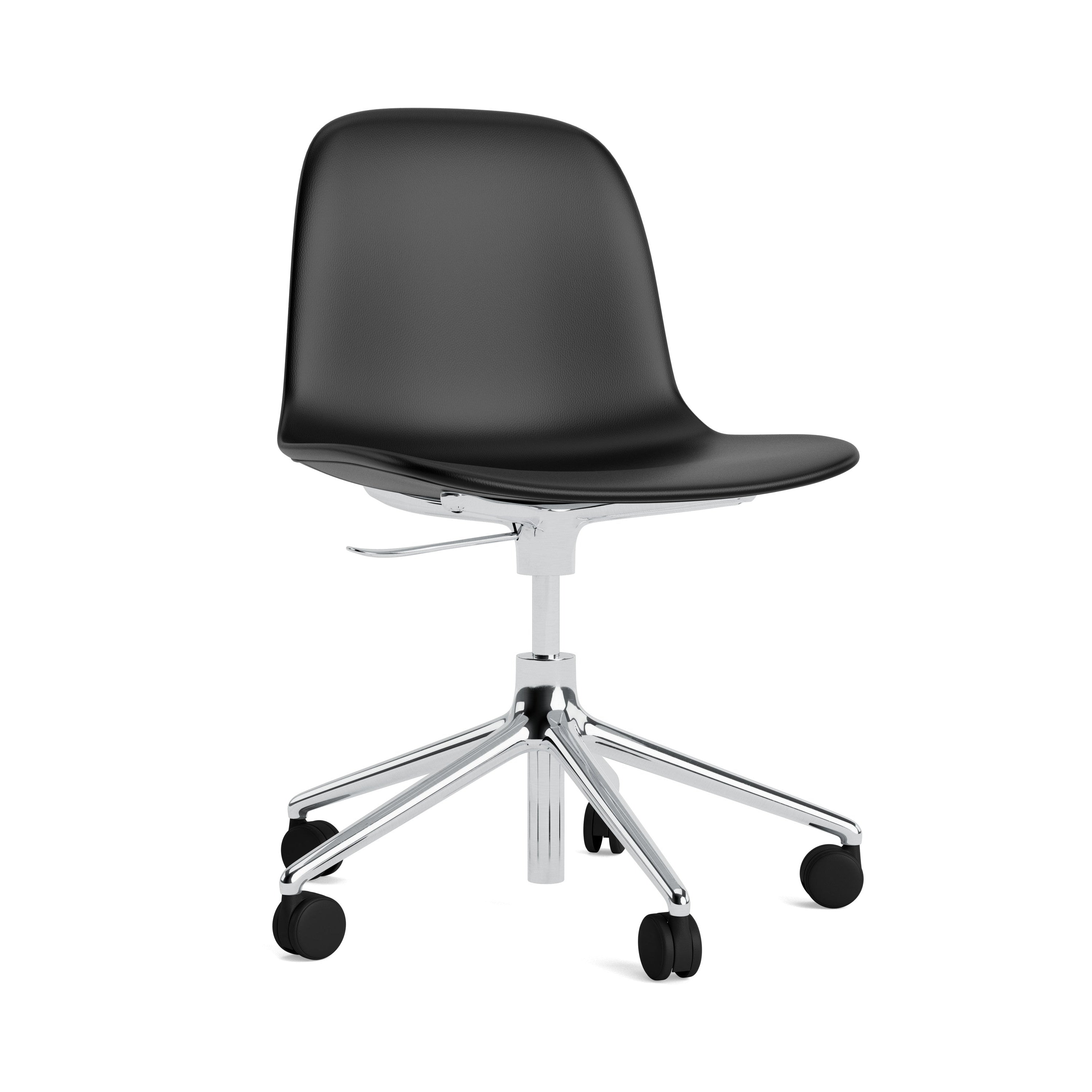 Office chair with 5W upholstered forms with an aluminum base on wheels