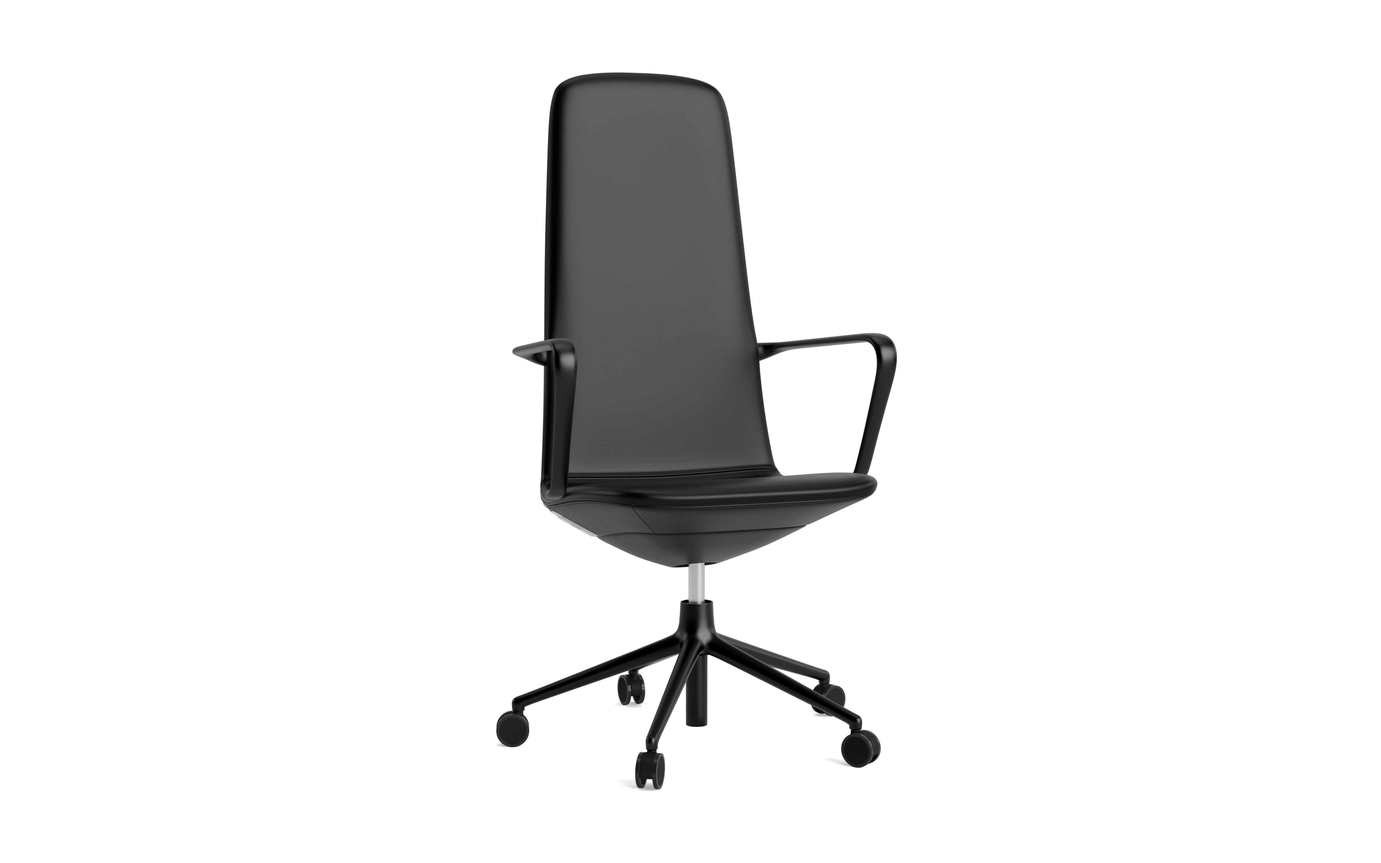 Polsterer Bürostuhl mit off hohen 5W -Armlehnen mit einer schwarzen Basis