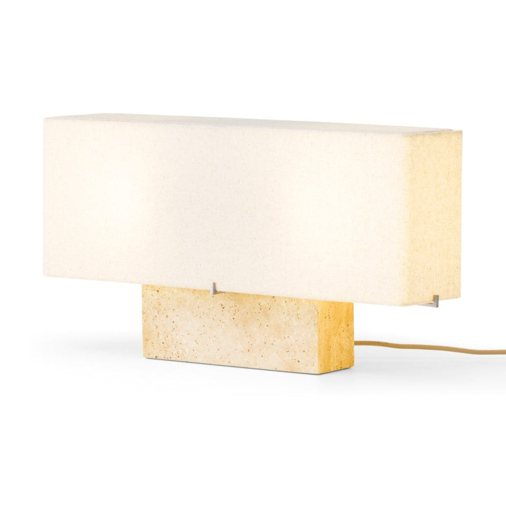 Tischlampe NONNA mit Travertinbasis und Leinen-Schirm