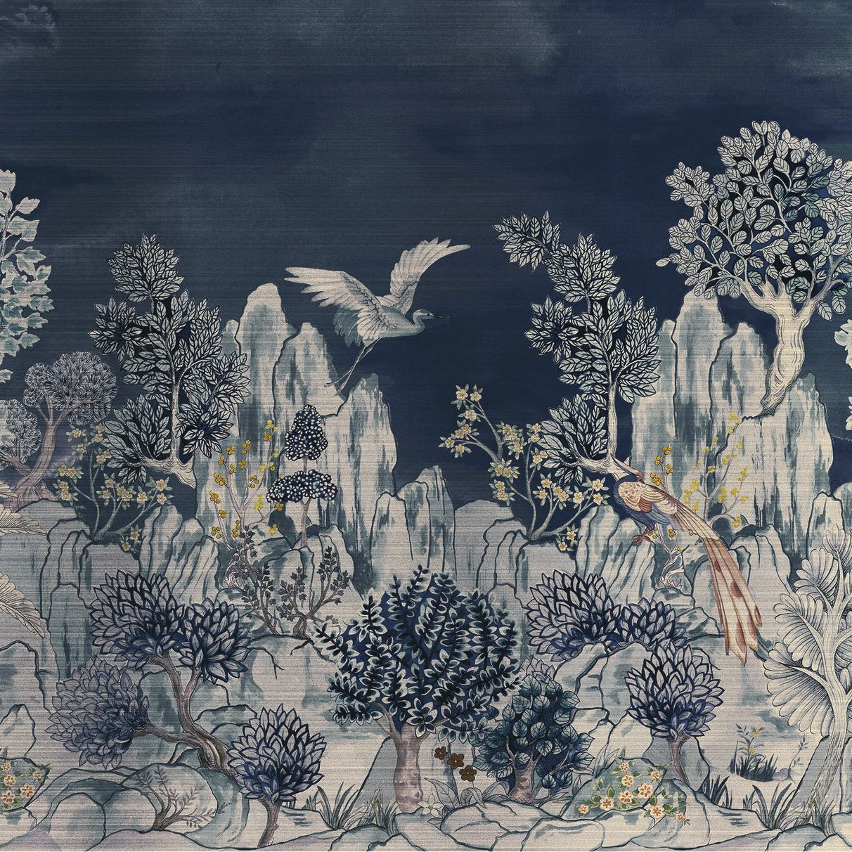 Wandbild aus Sizal mit pflanzlichem Landschaftsmotiv HANG MUA in Granatblau